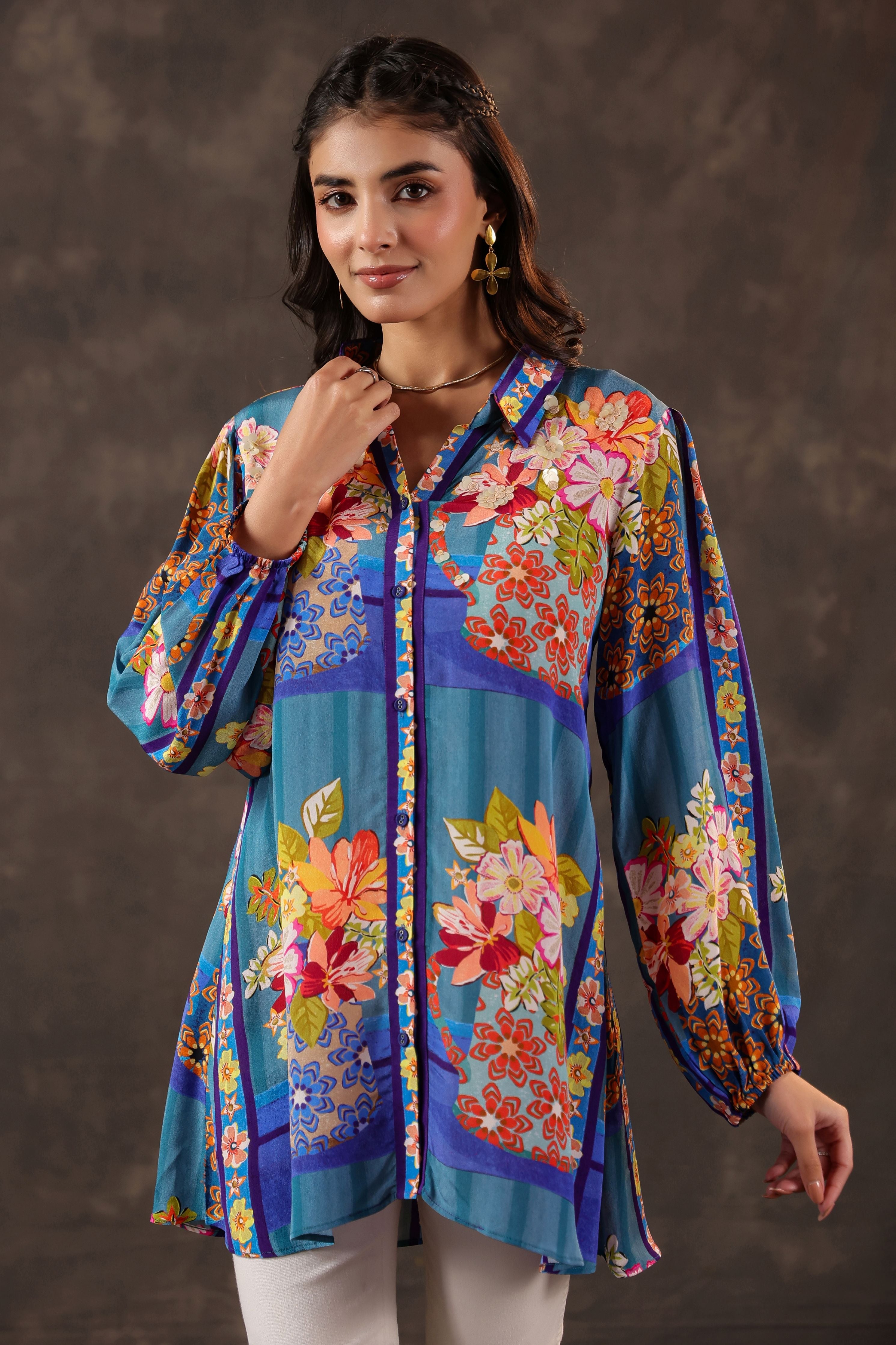 Cerulean Garden Printed Crepe Silk Top