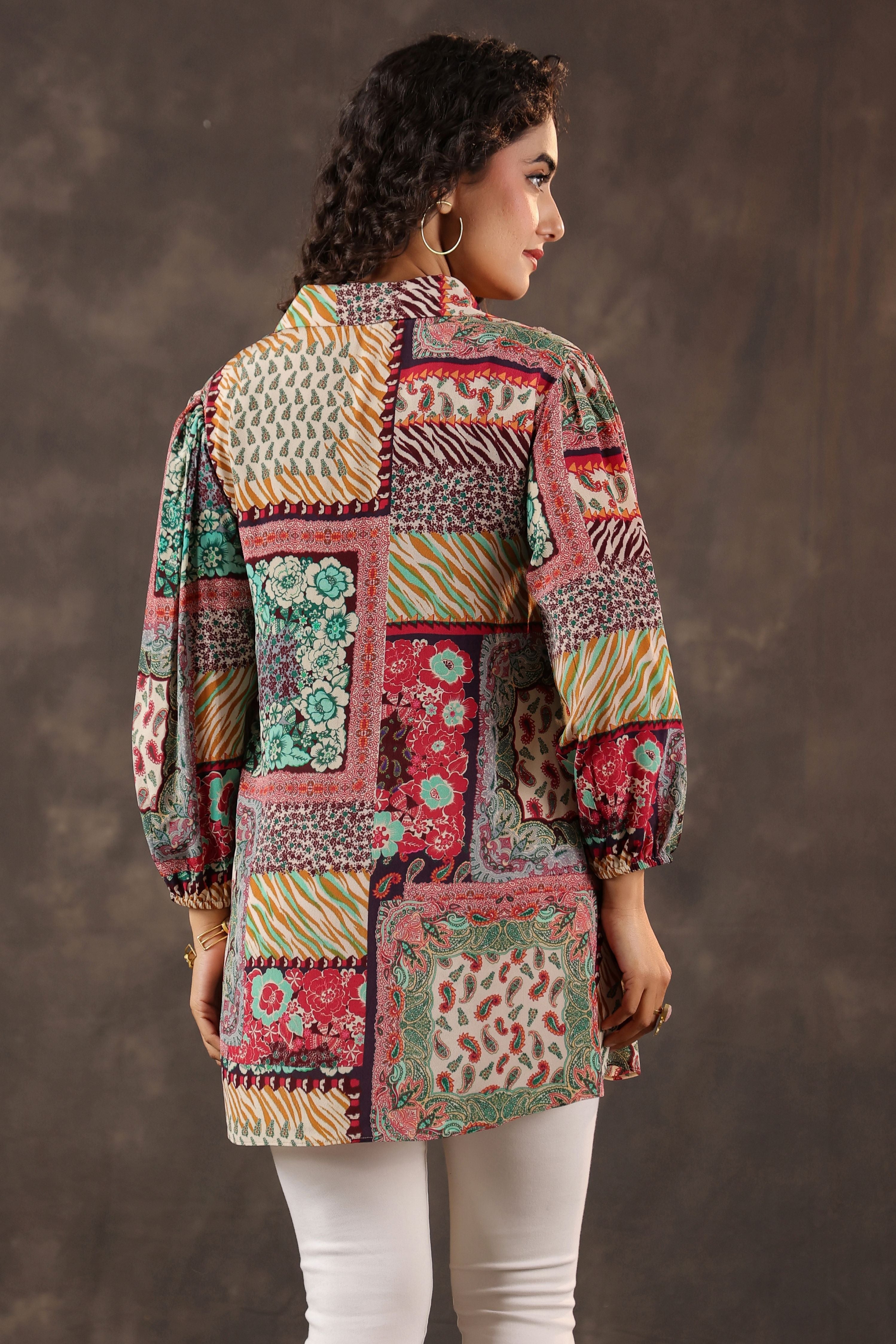Multi-Hued Printed Crepe Silk Top