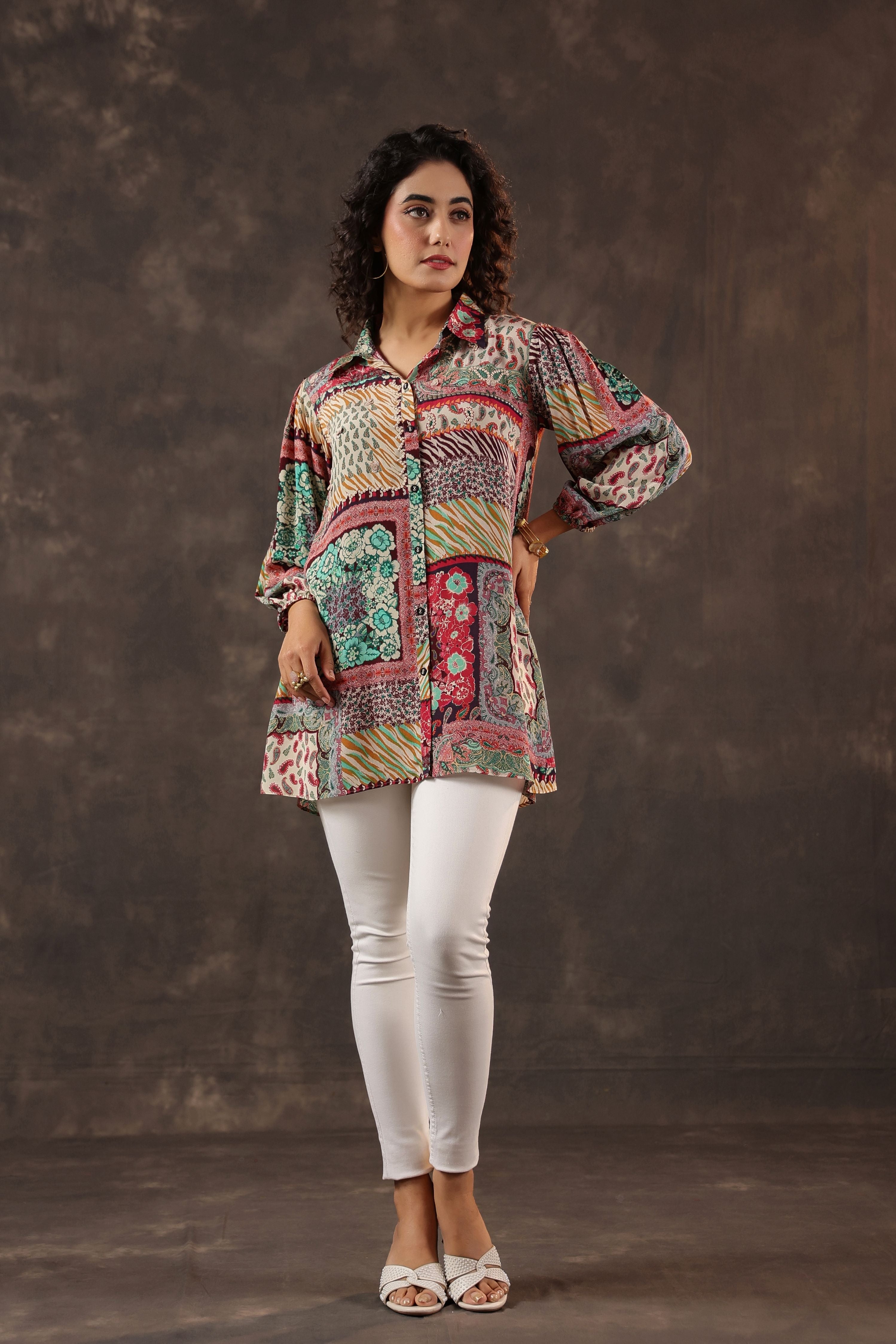 Multi-Hued Printed Crepe Silk Top