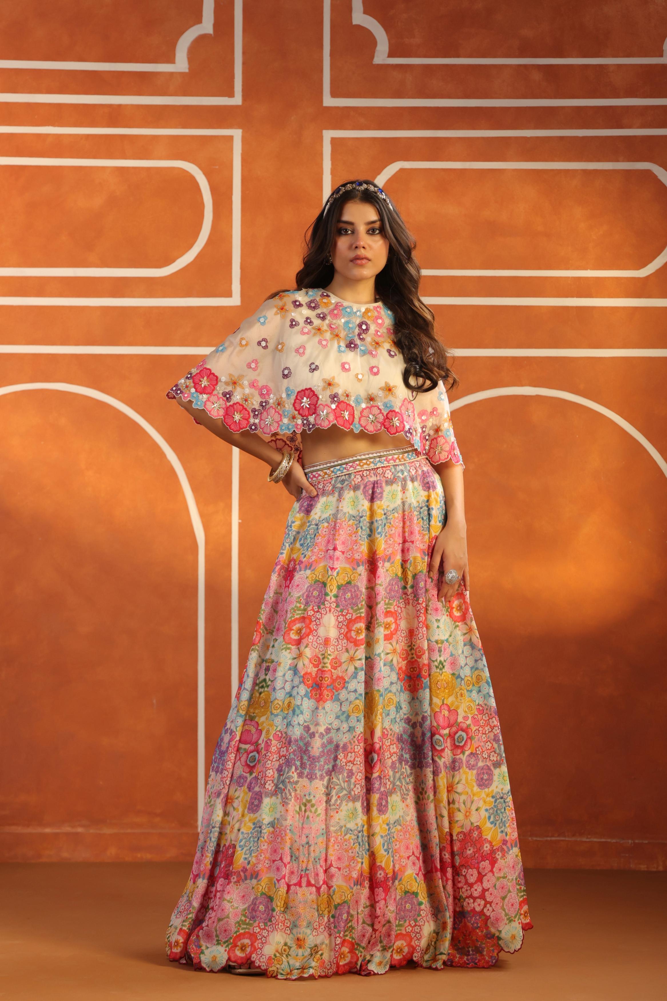 Ivory Multicolor Embellished Organdi Silk Lehenga Set