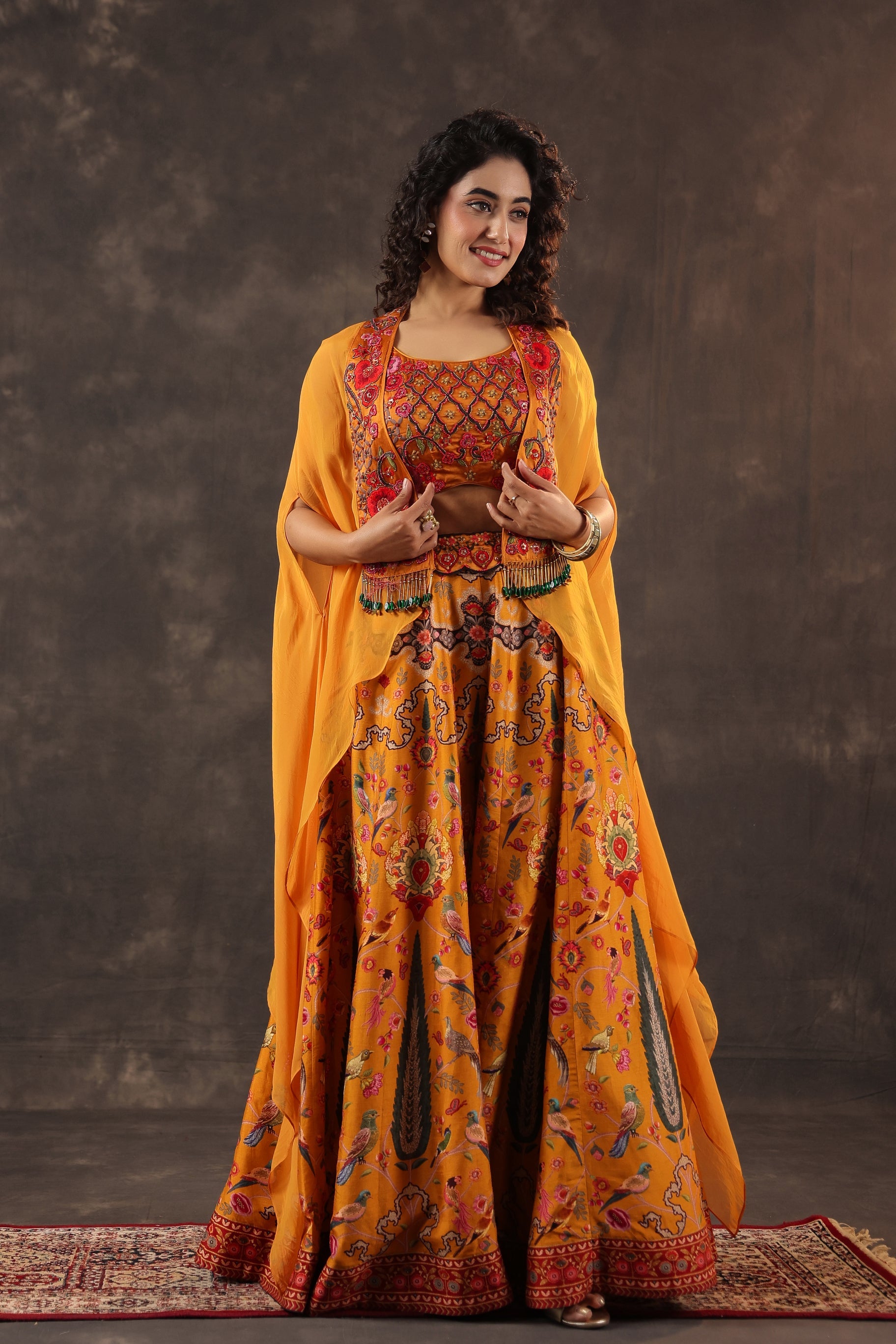 Marigold Paradise Embellished Premium Silk Cape Set