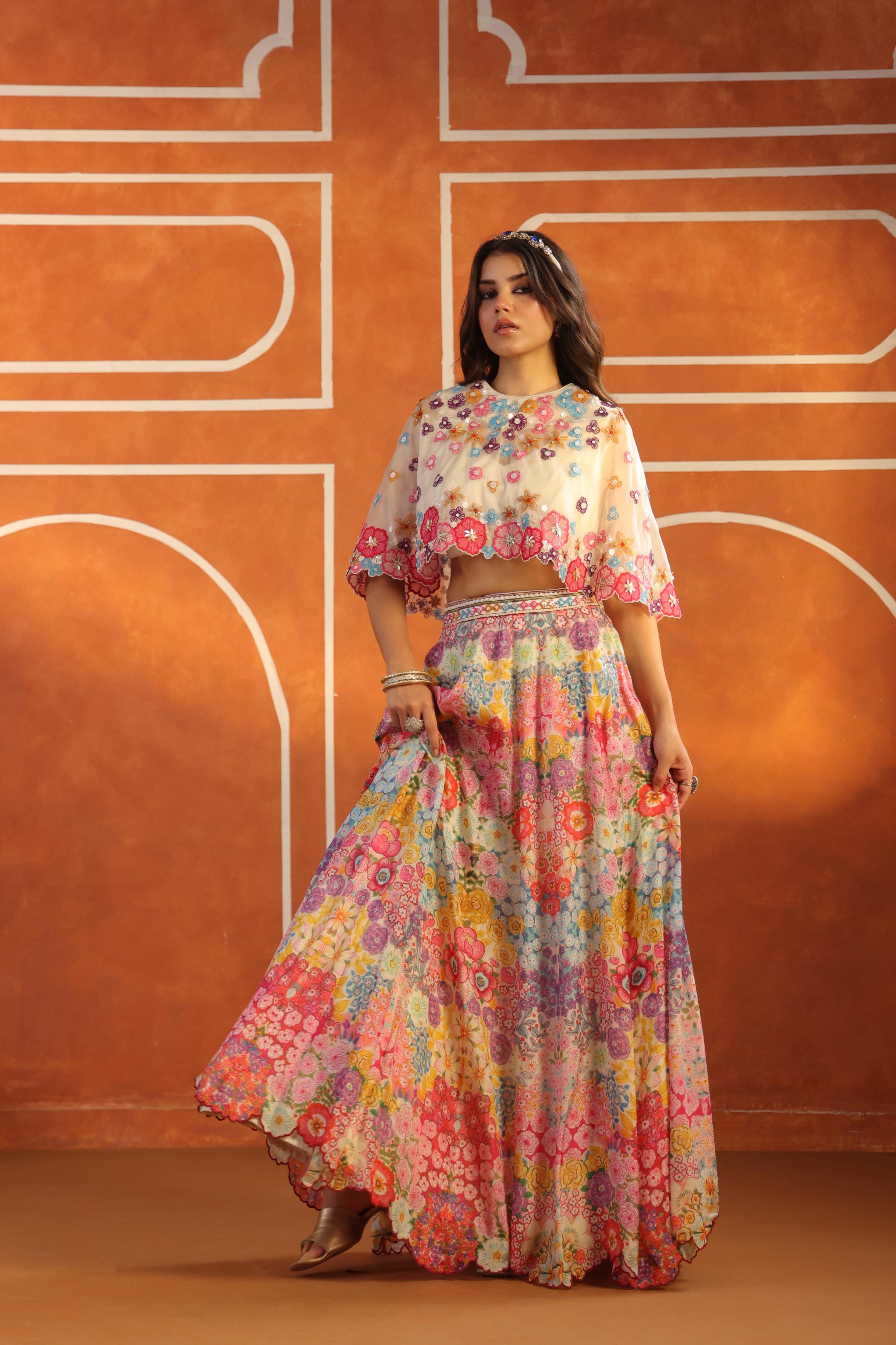 Ivory Multicolor Embellished Organdi Silk Lehenga Set