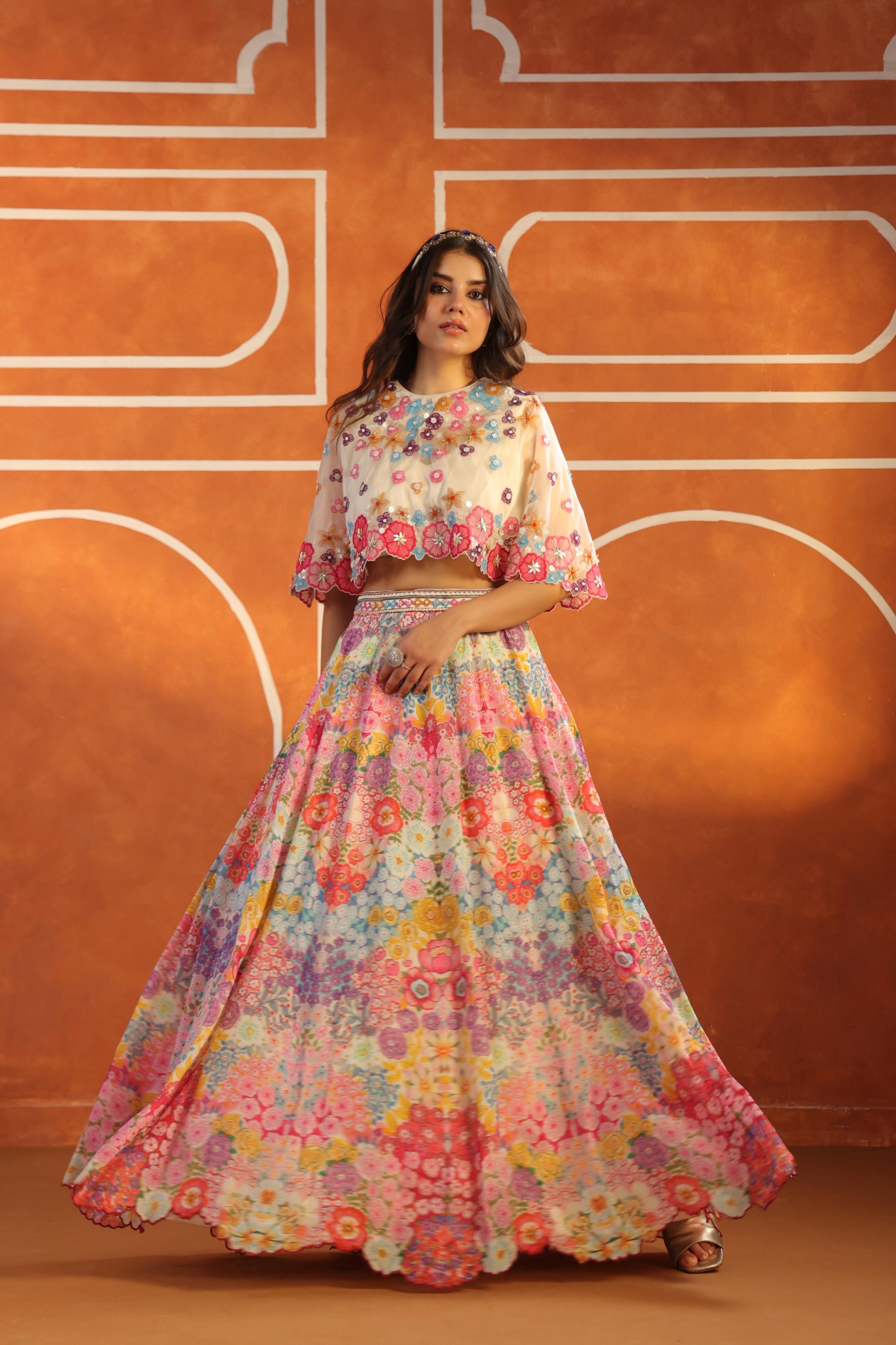 Ivory Multicolor Embellished Organdi Silk Lehenga Set