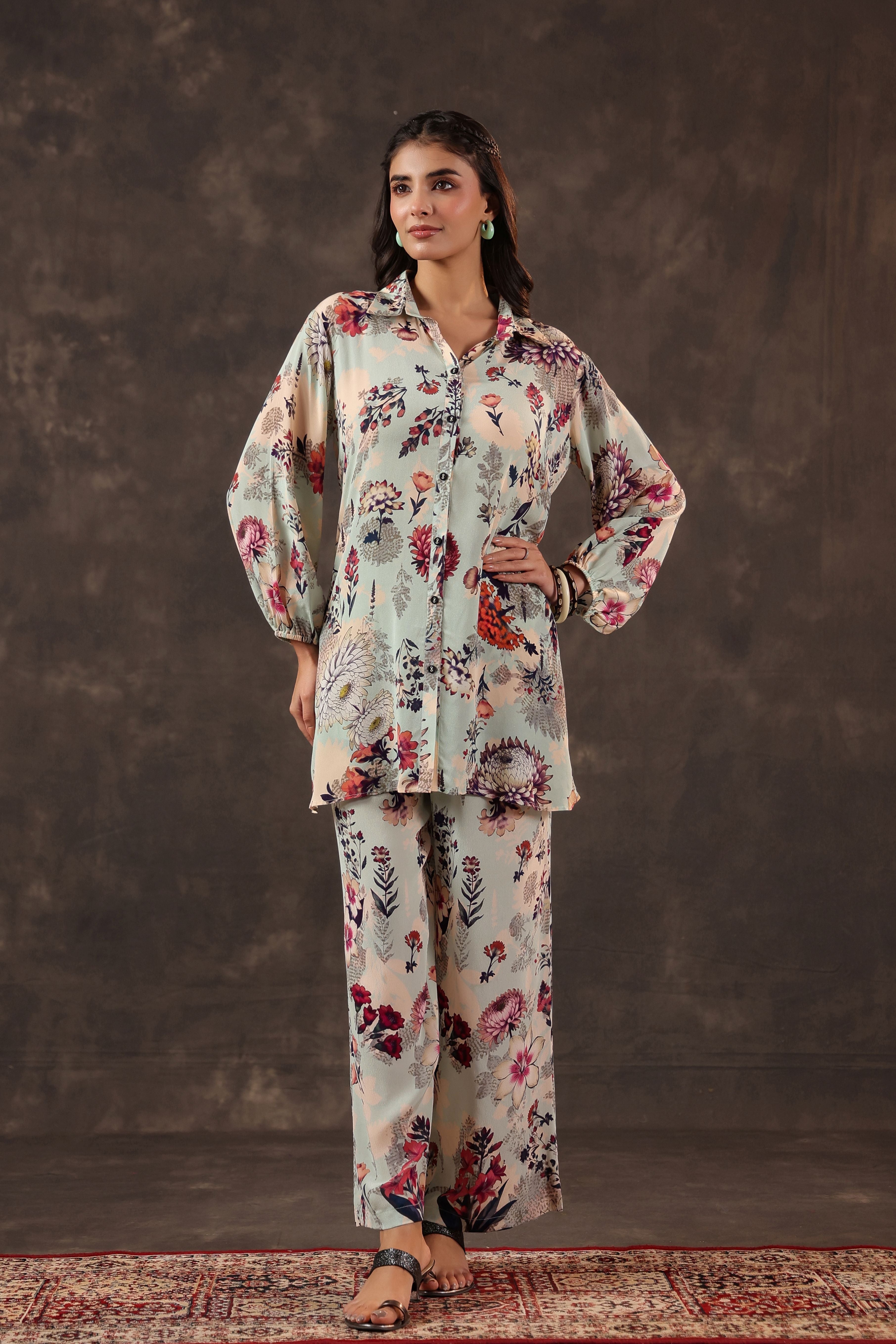 Sky Blue Printed Crepe Silk Co-Ord Set