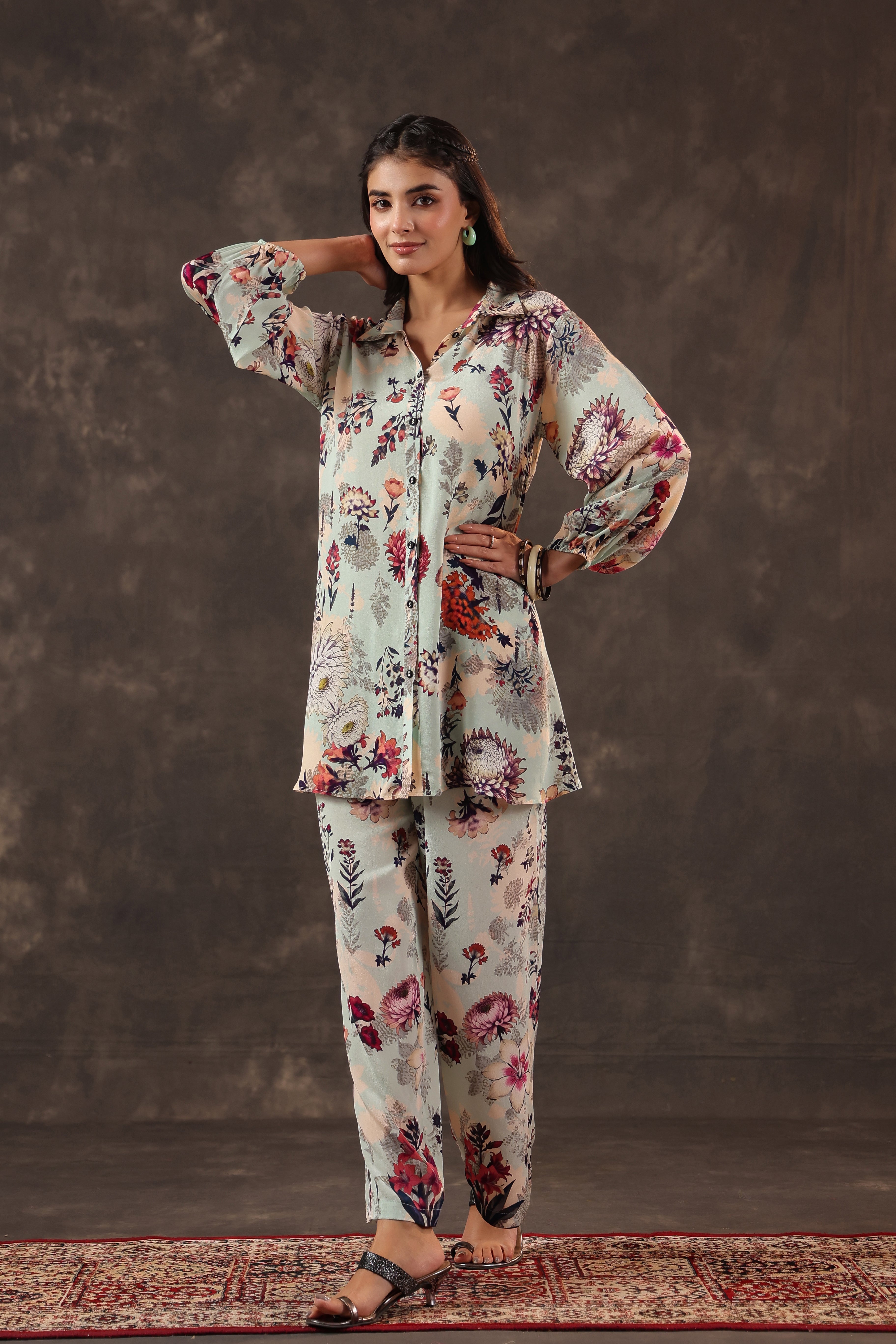 Sky Blue Printed Crepe Silk Co-Ord Set