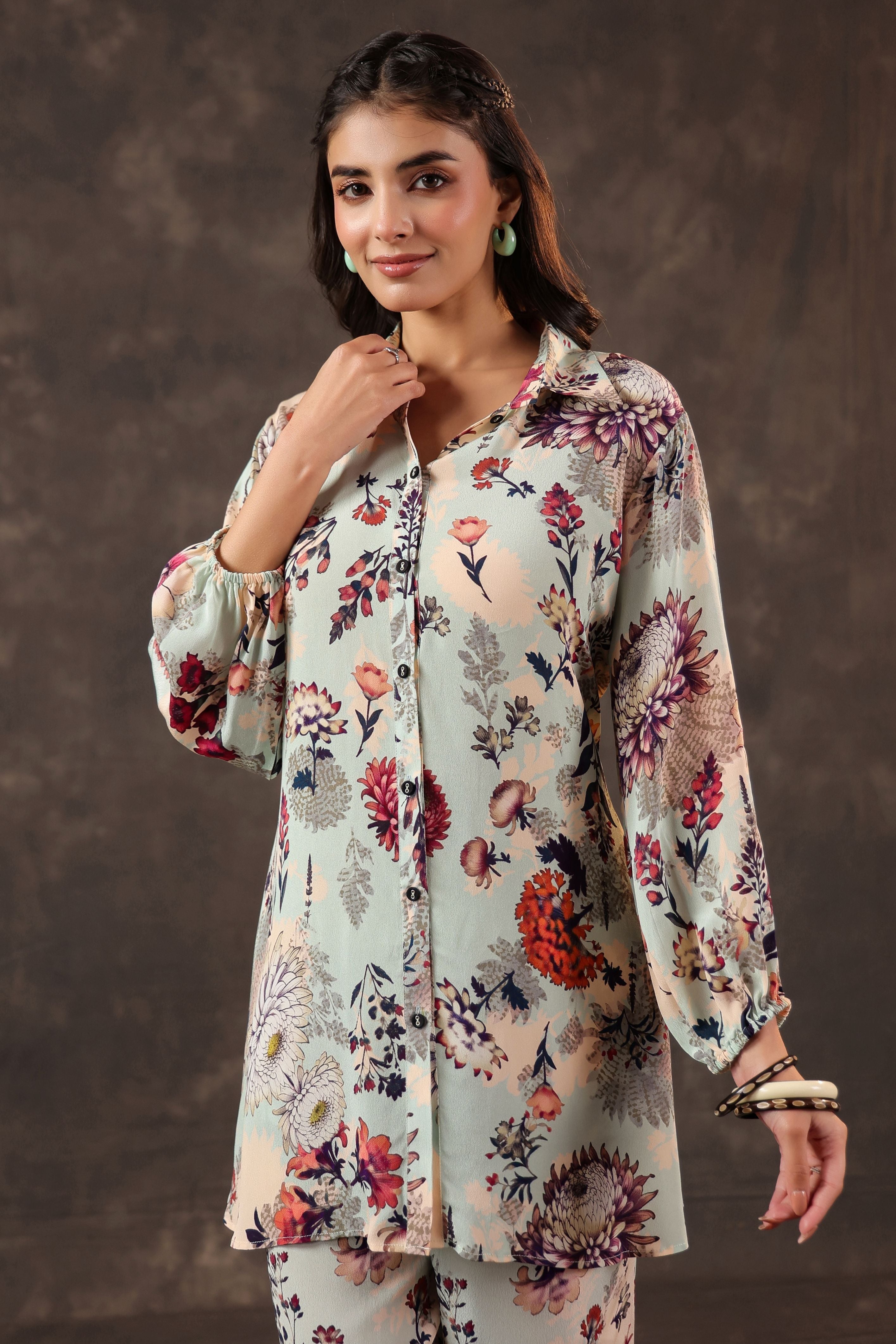Sky Blue Printed Crepe Silk Co-Ord Set