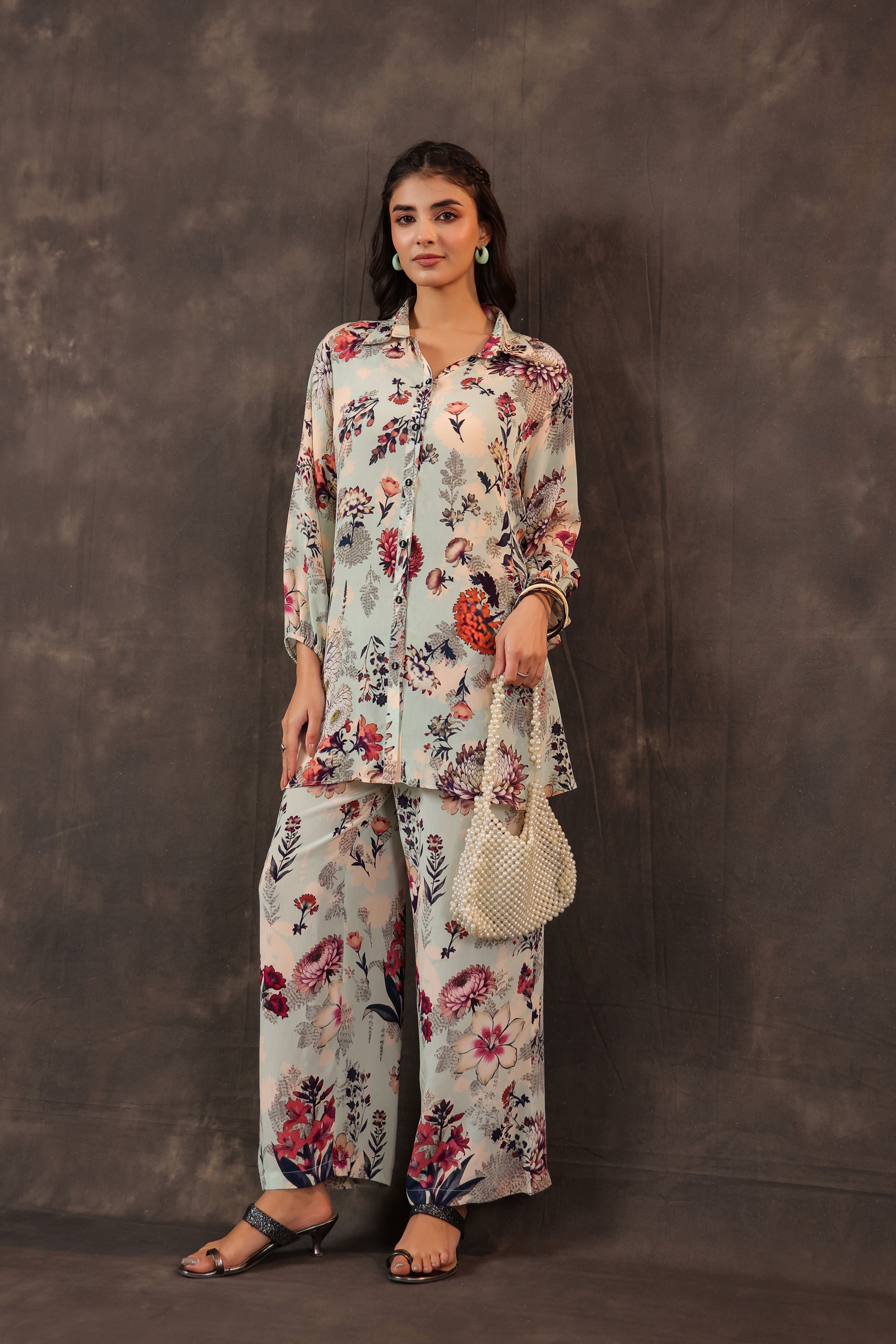 Sky Blue Printed Crepe Silk Co-Ord Set
