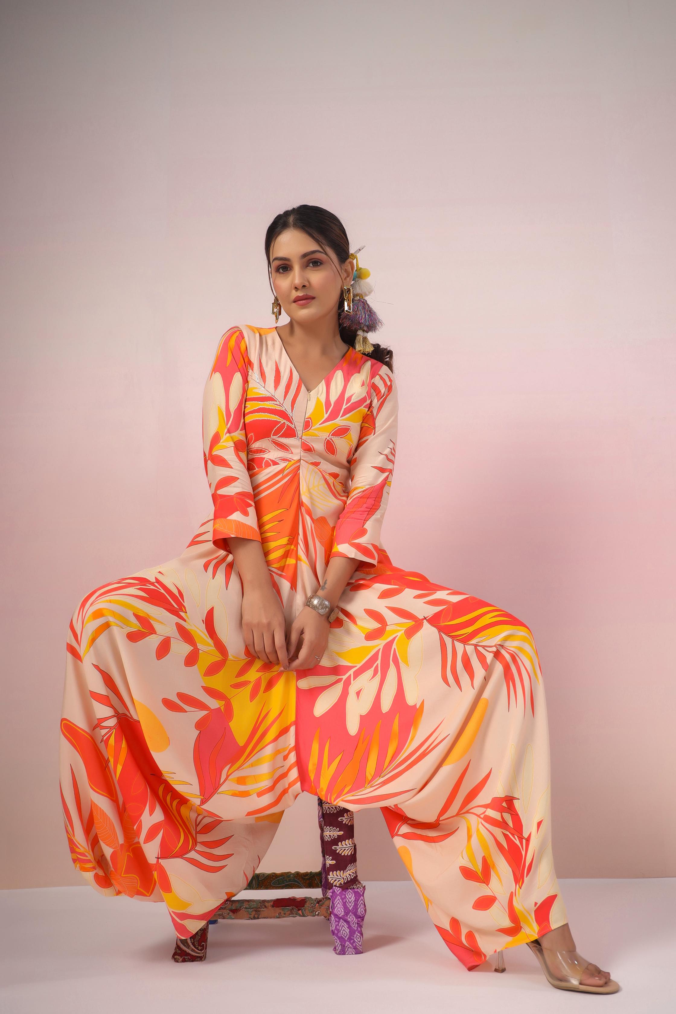 Champagne Digital Printed Muslin Silk Jumpsuit