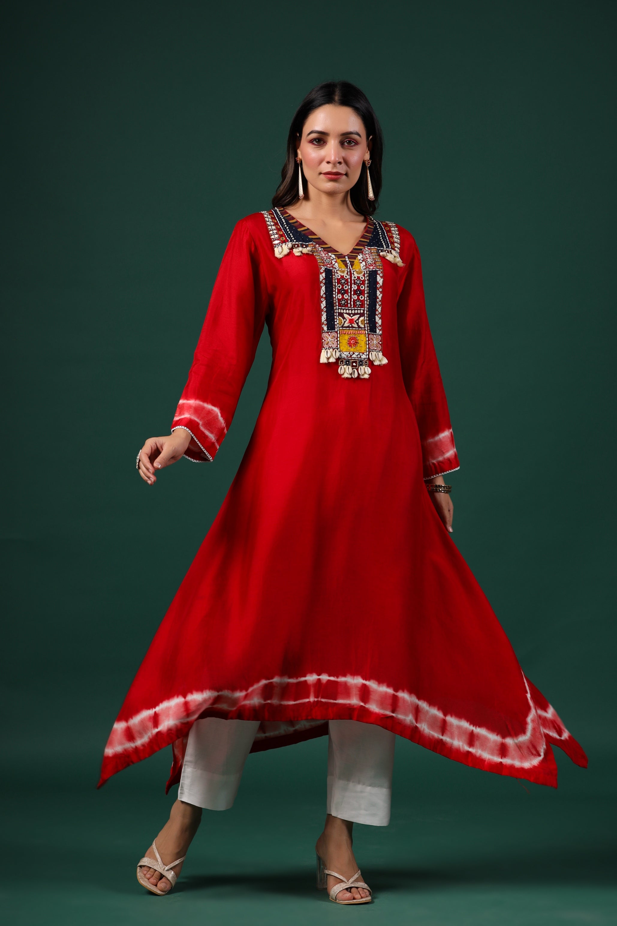 Red Embellished Dola Silk Pants Set