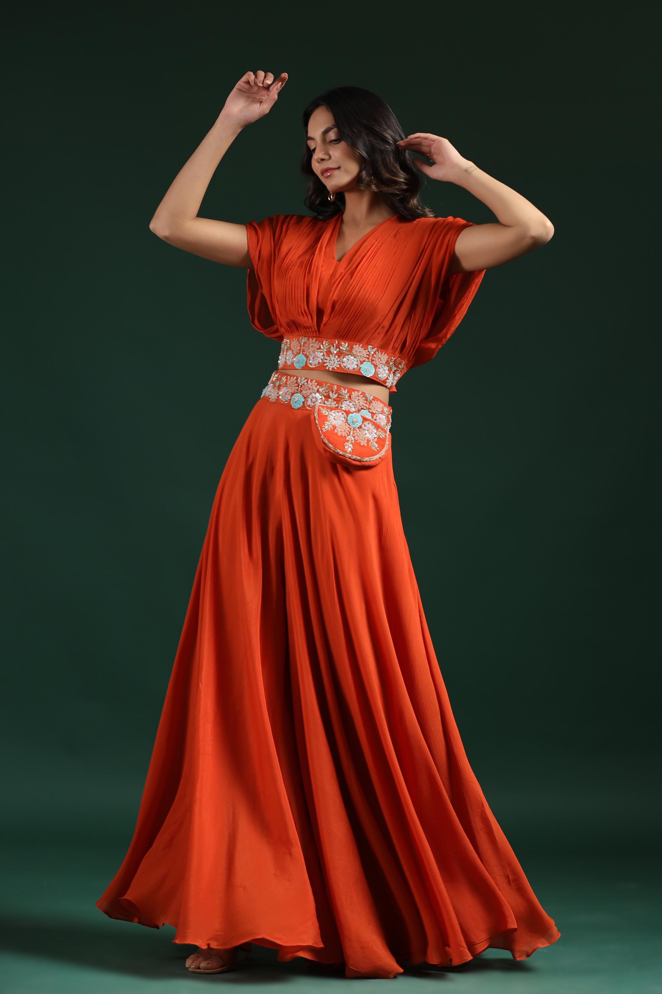 Orange Embroidered Crop Top with Palazzo Set