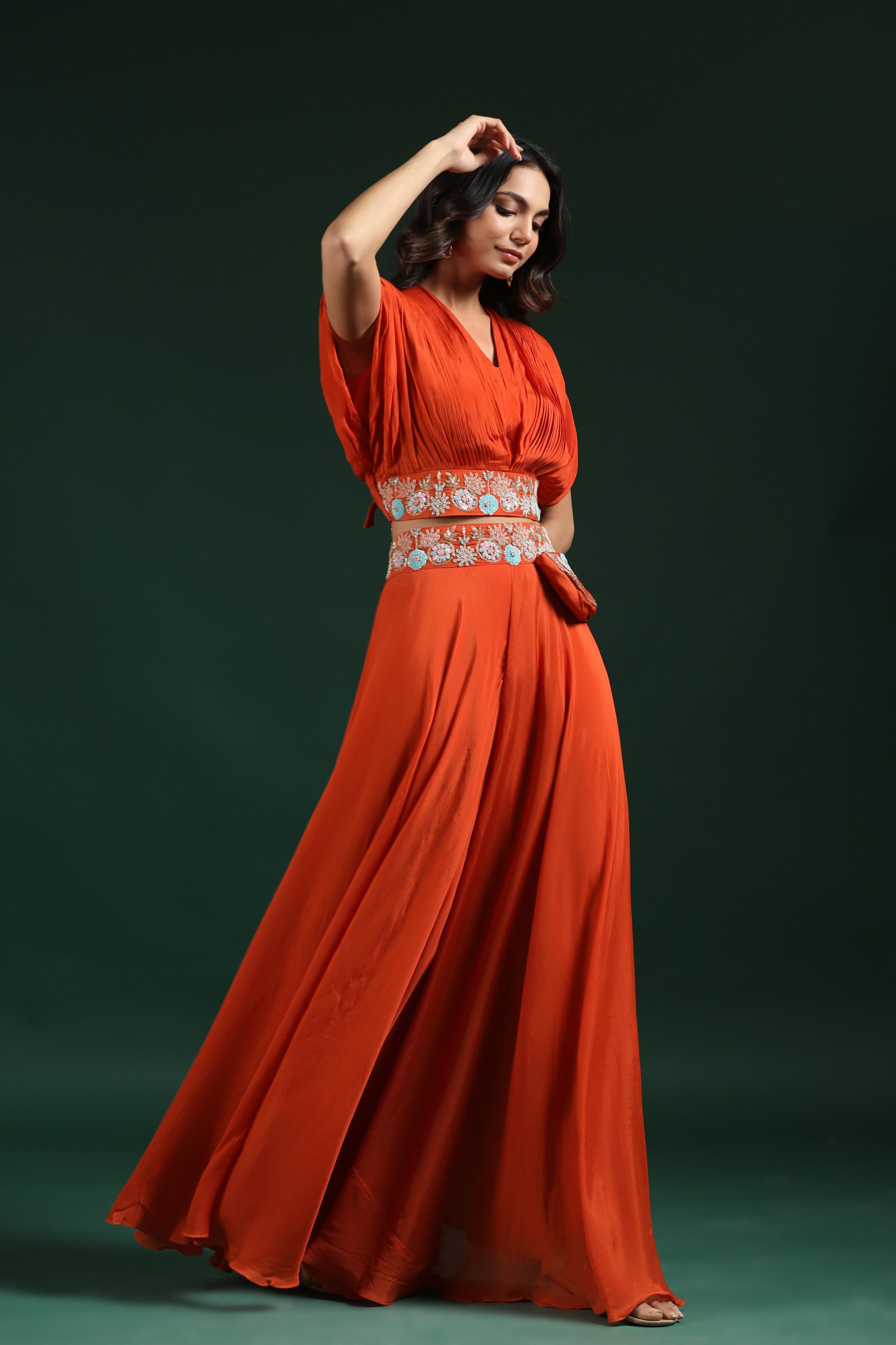 Orange Embroidered Crop Top with Palazzo Set