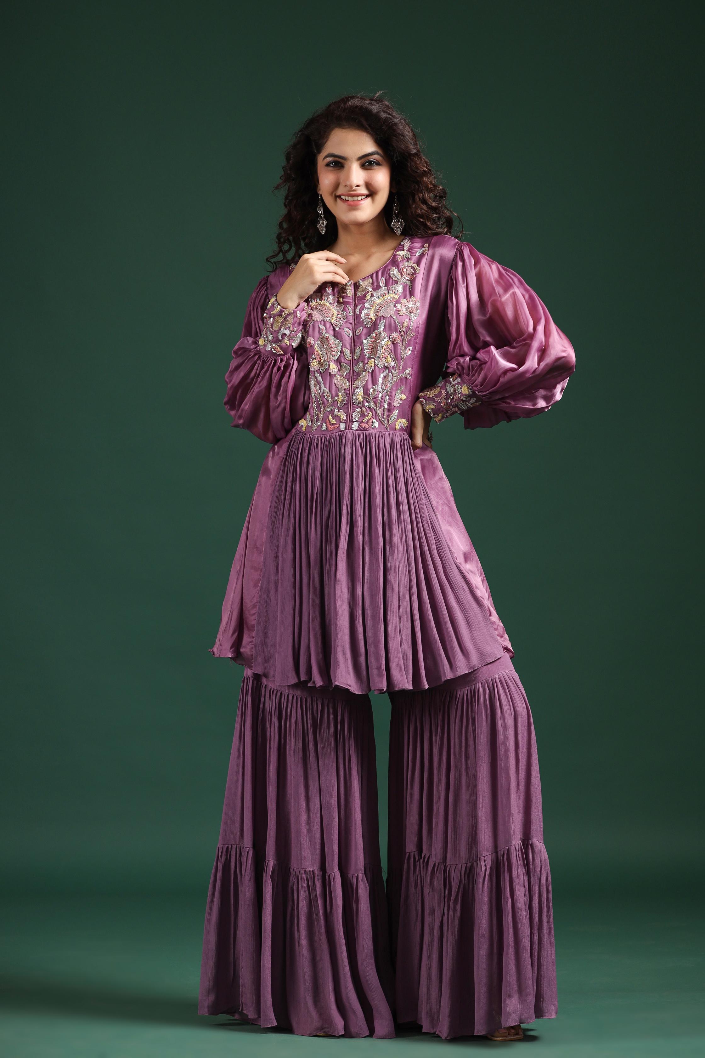 Mulberry Pink Embellished Premium Silk Sharara Set