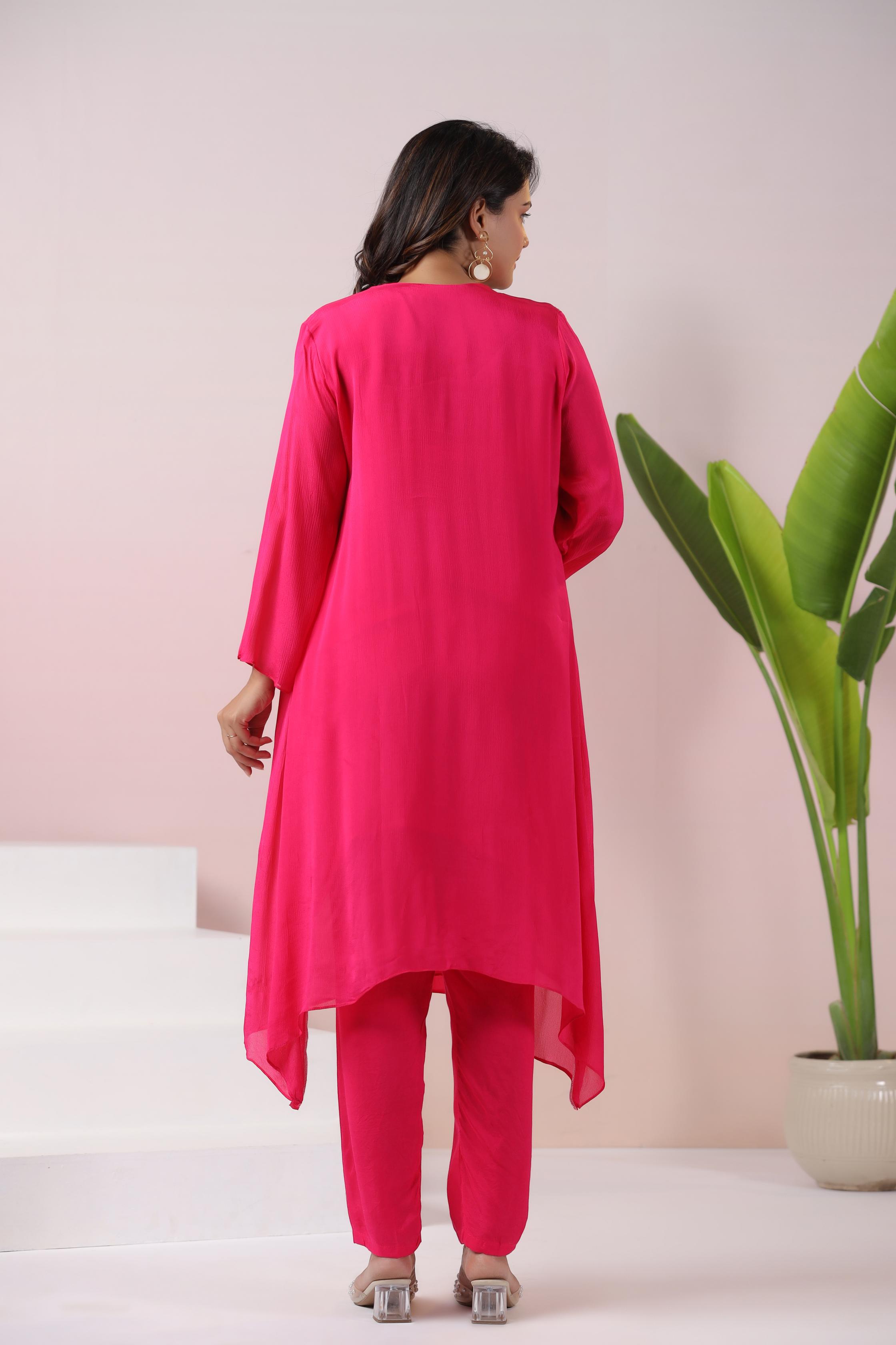 Hot Pink Embroidered Pure Chinon Silk Pants Set