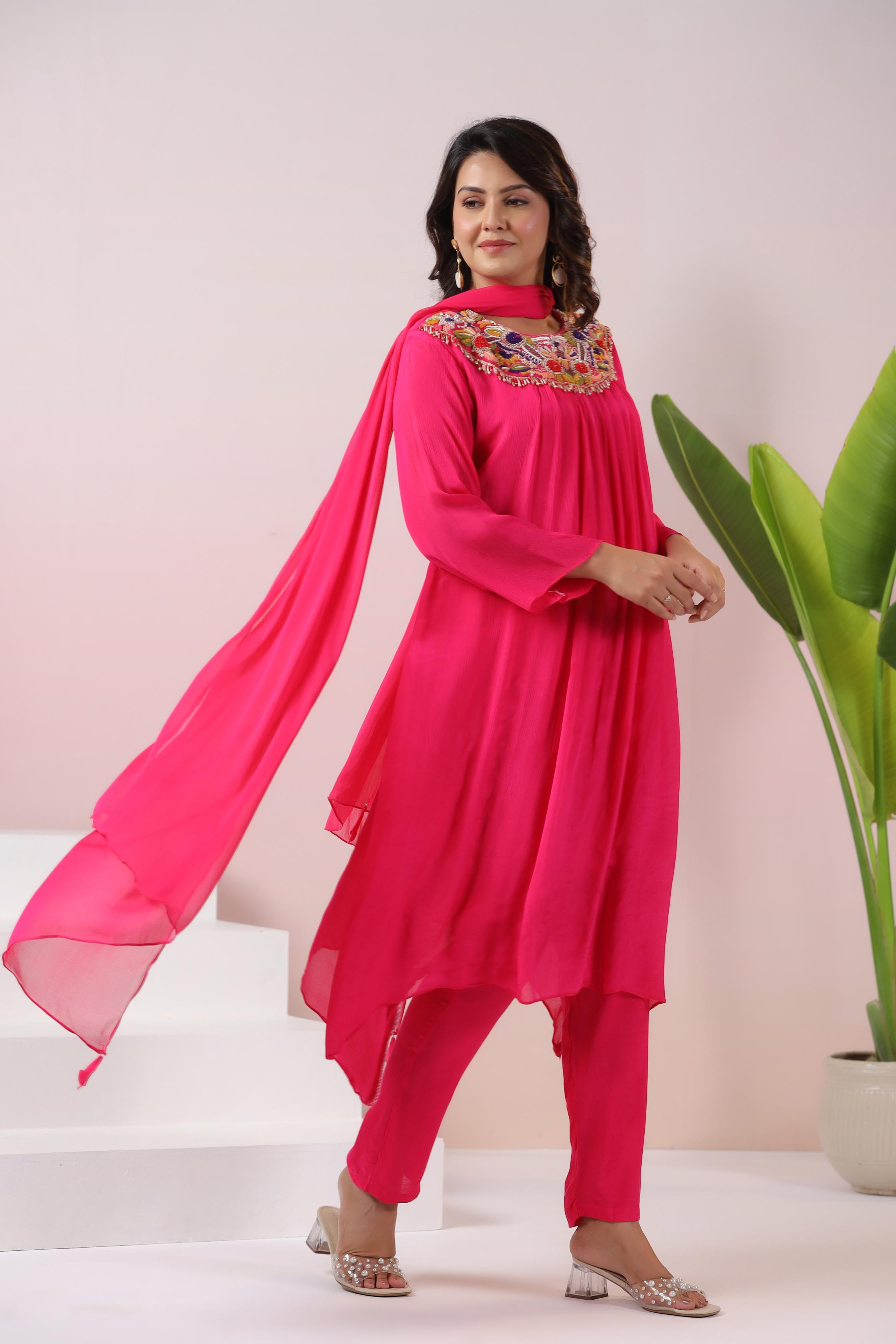 Hot Pink Embroidered Pure Chinon Silk Pants Set