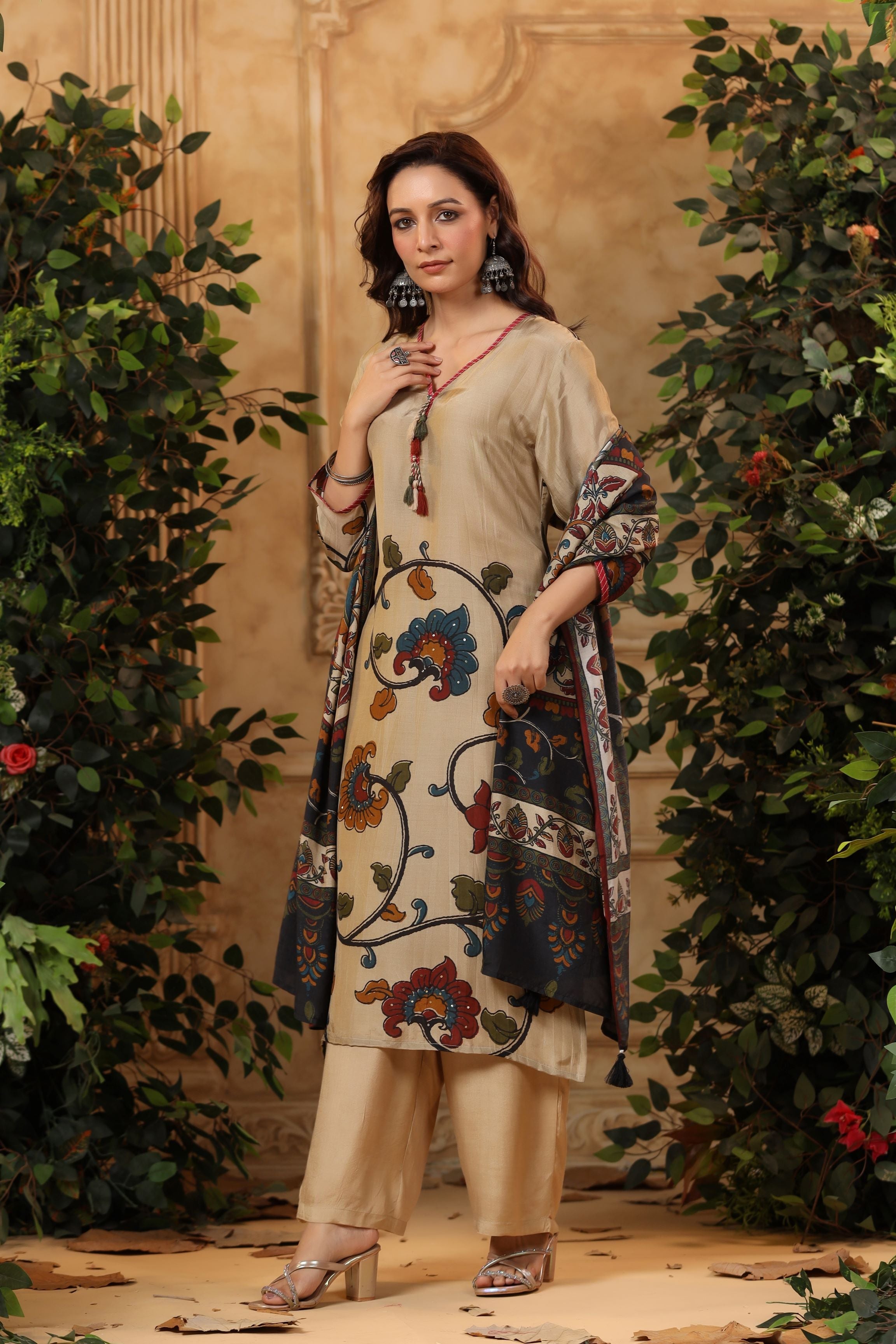 Metallic Beige Floral Printed Muslin Silk Palazzo Set