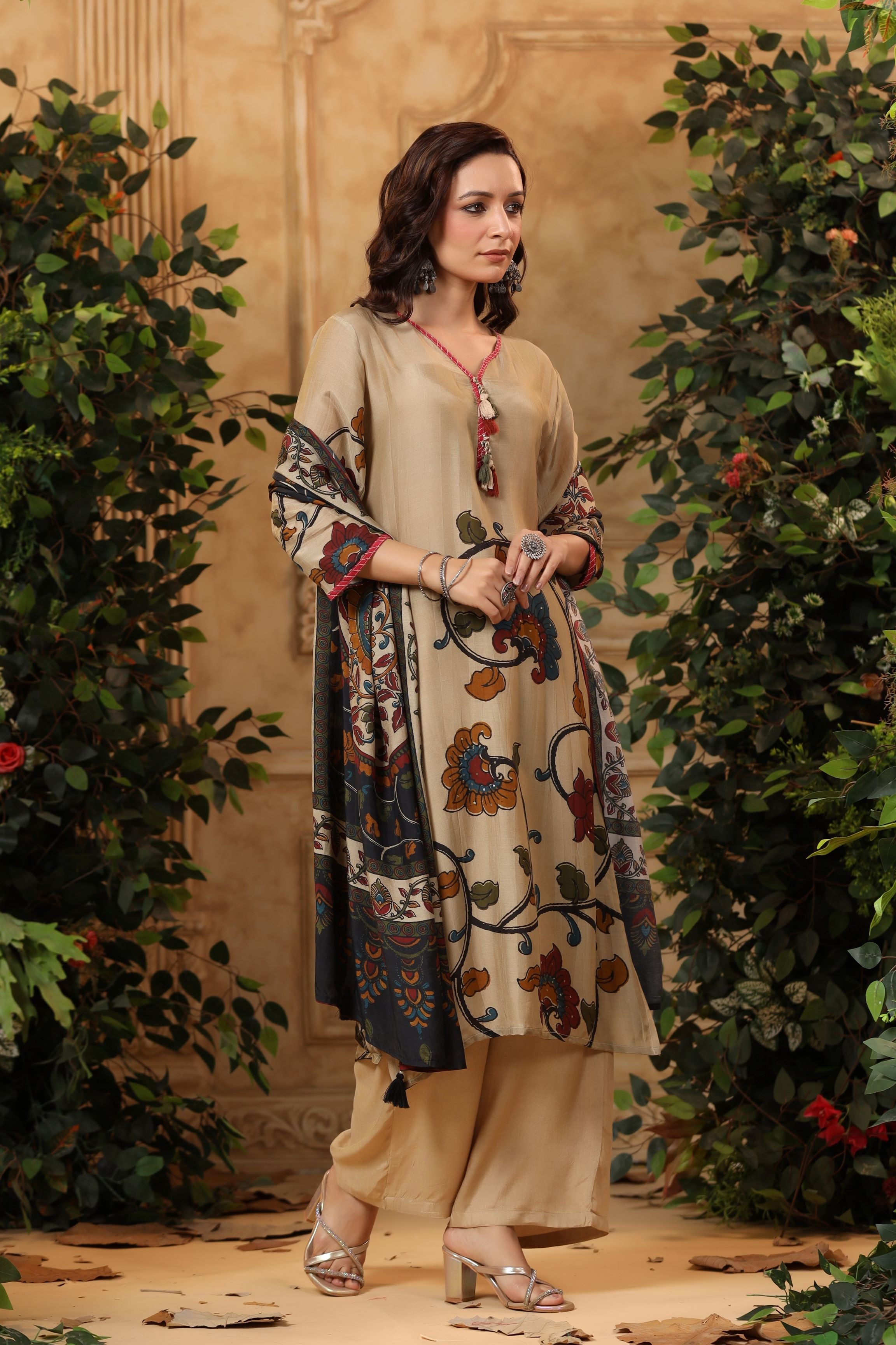 Metallic Beige Floral Printed Muslin Silk Palazzo Set