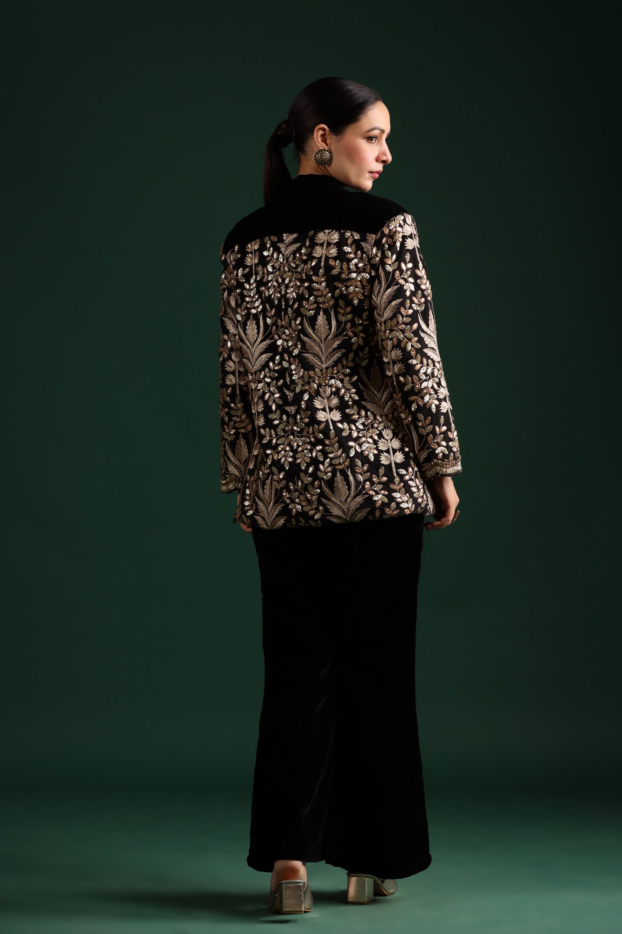 Black Golden Embroidered Co-Ord Set With Jacket