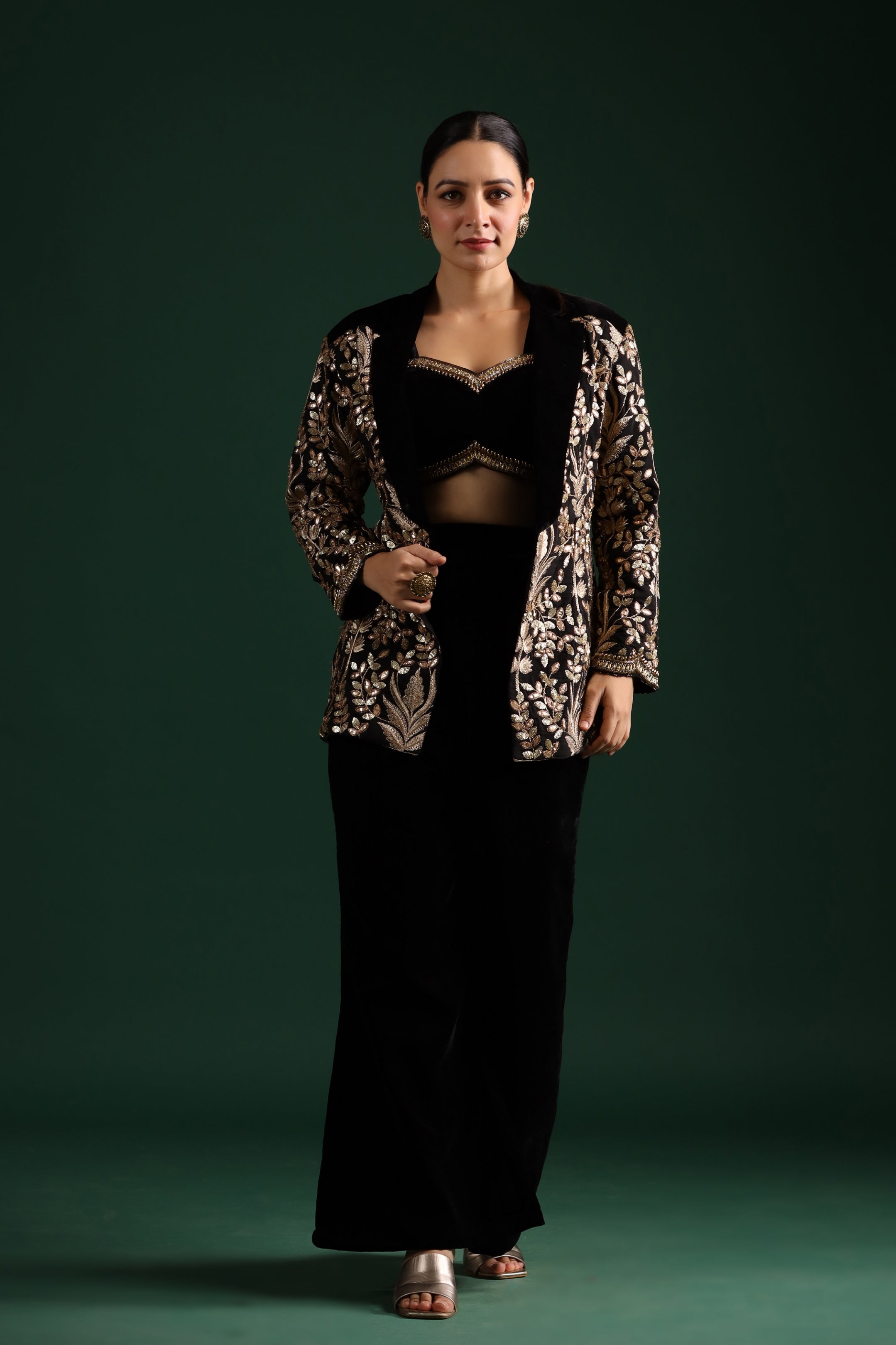 Black Golden Embroidered Co-Ord Set With Jacket