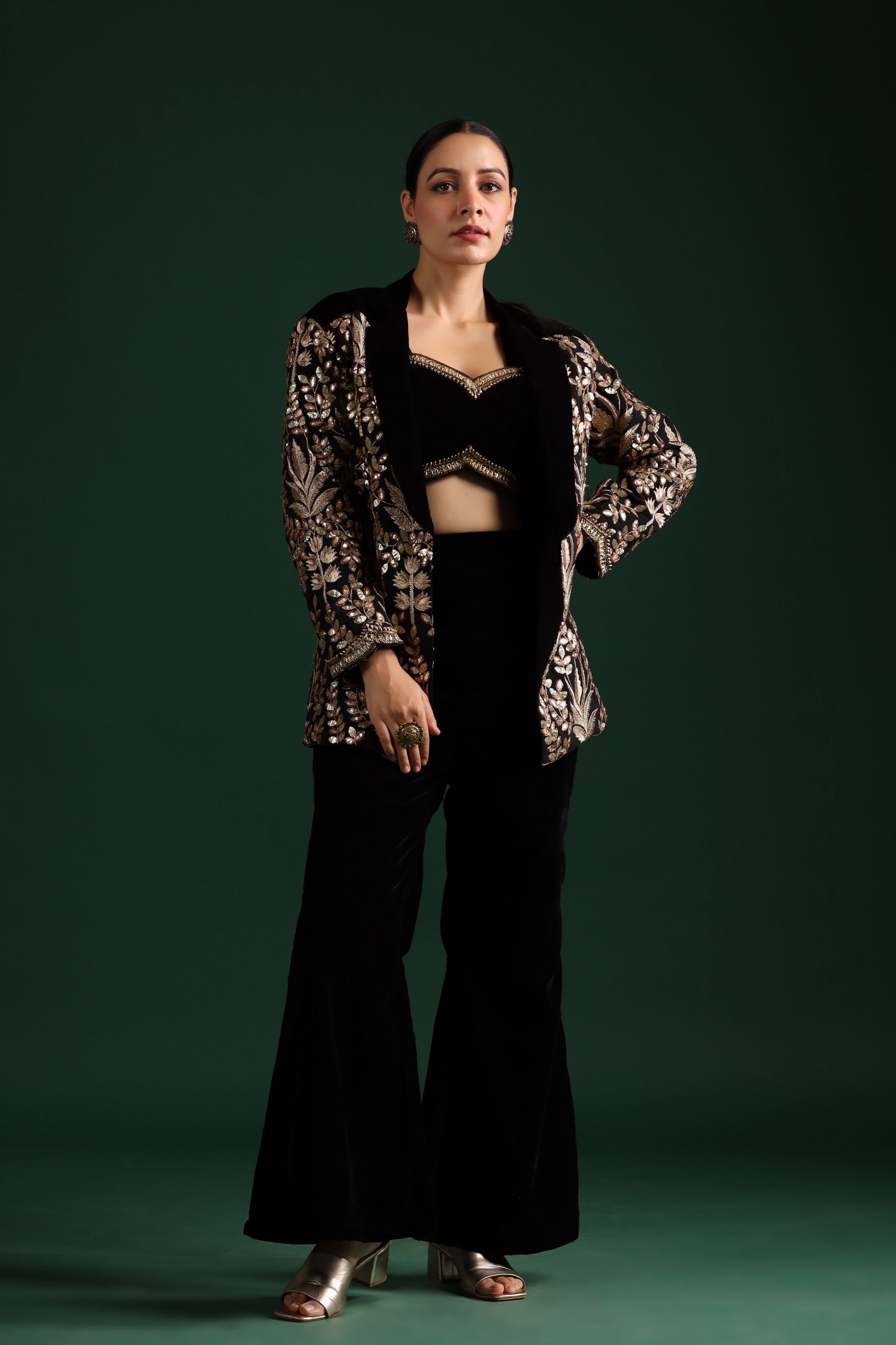 Black Golden Embroidered Co-Ord Set With Jacket