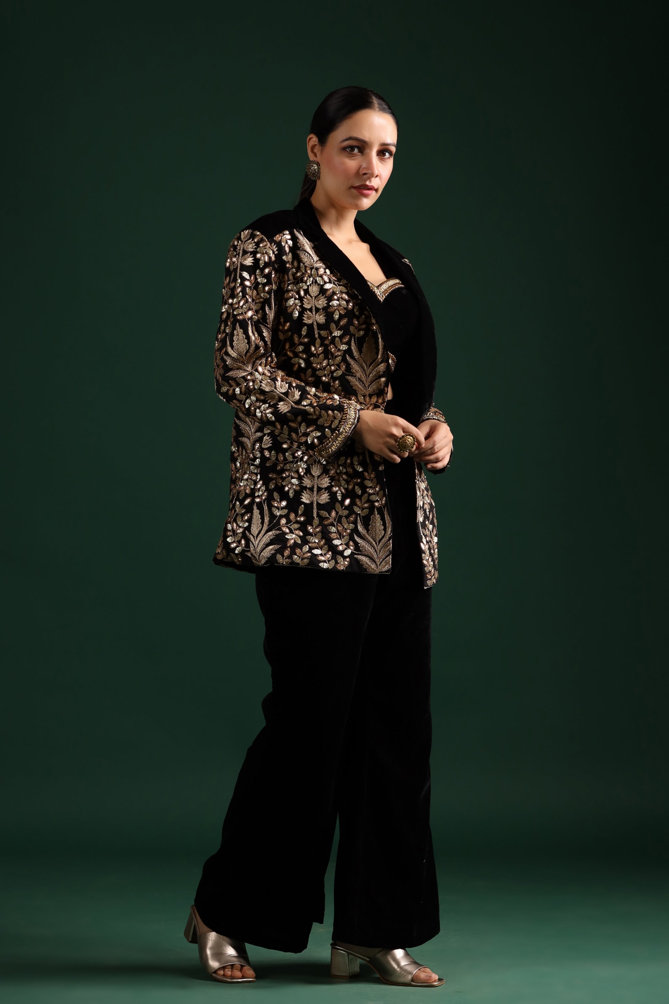 Black Golden Embroidered Co-Ord Set With Jacket