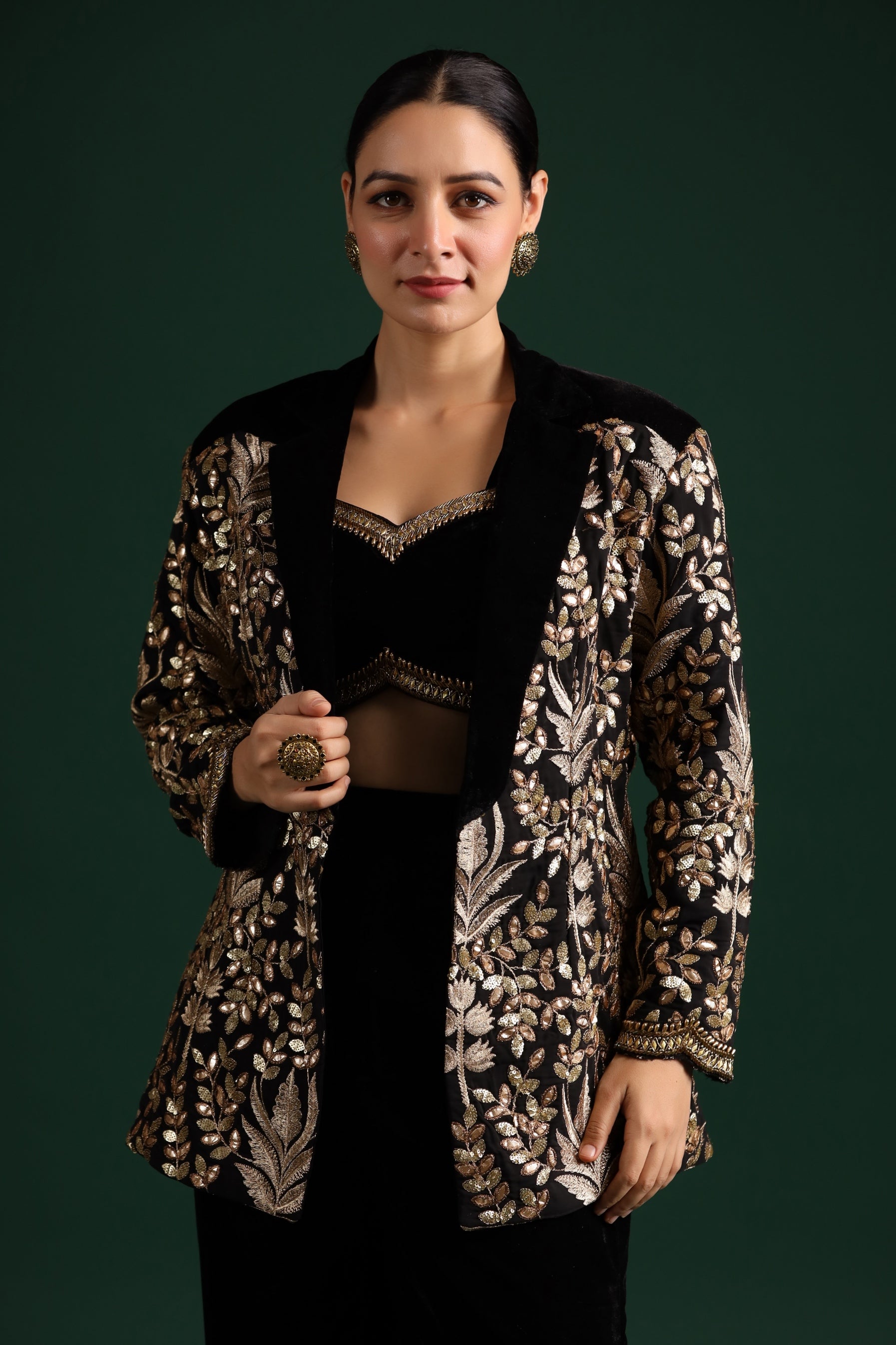 Black Golden Embroidered Co-Ord Set With Jacket