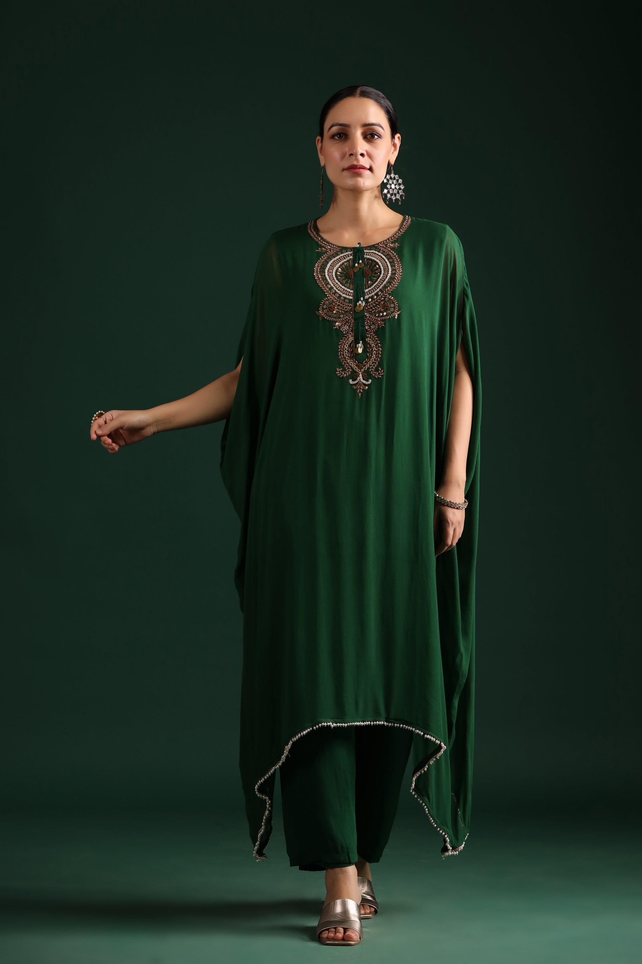 Deep Green Embellished Kaftan Pant Set