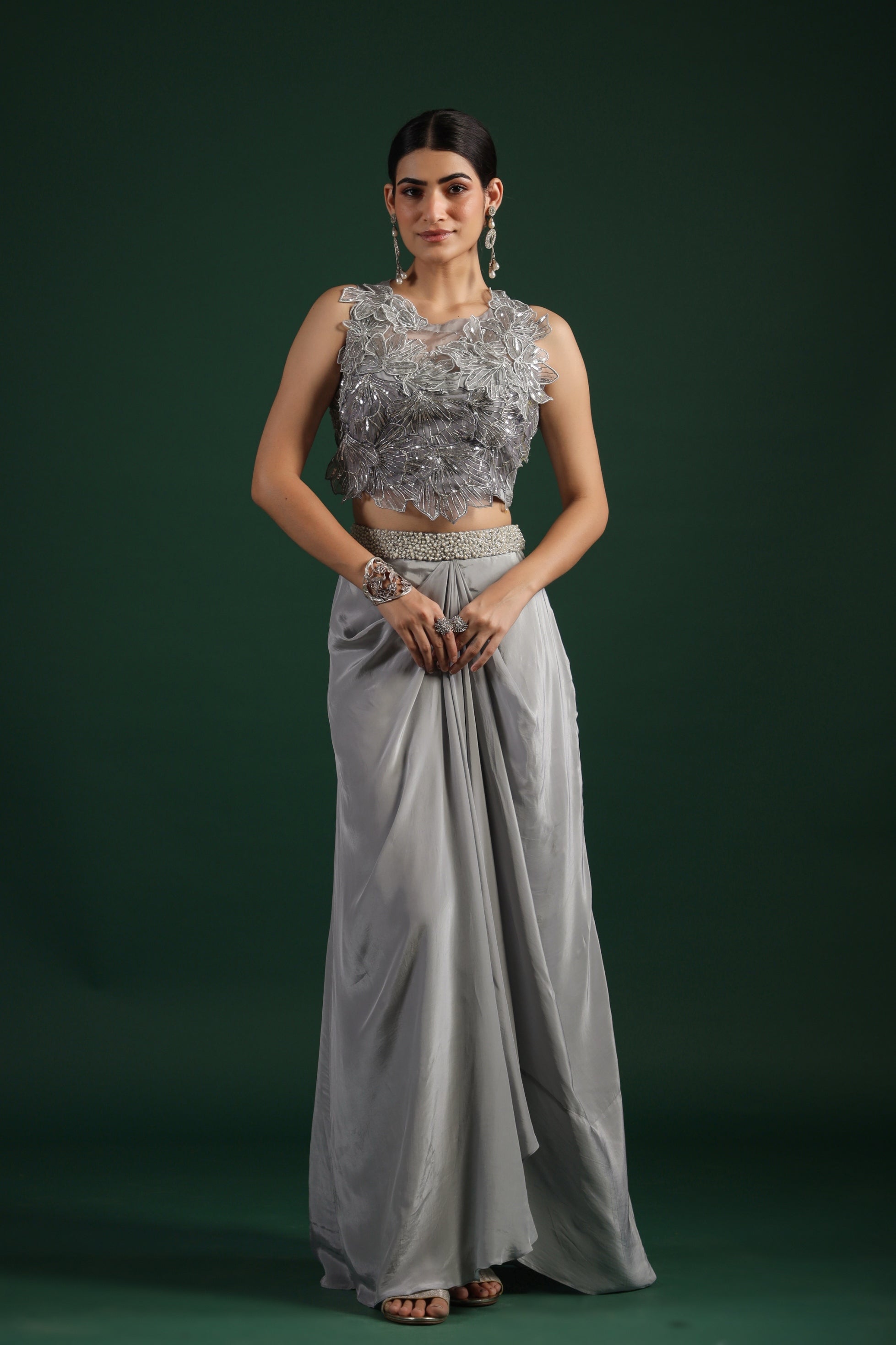 Silver Floral Embroidered Crepe Silk Skirt Set