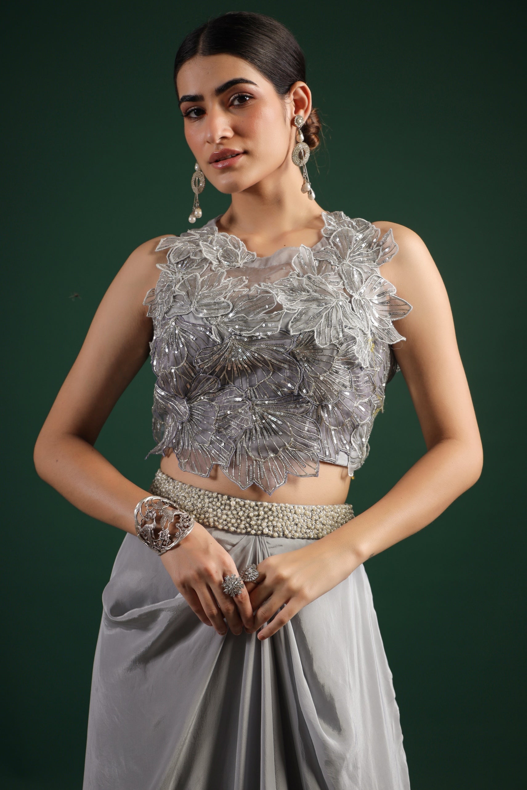 Silver Floral Embroidered Crepe Silk Skirt Set