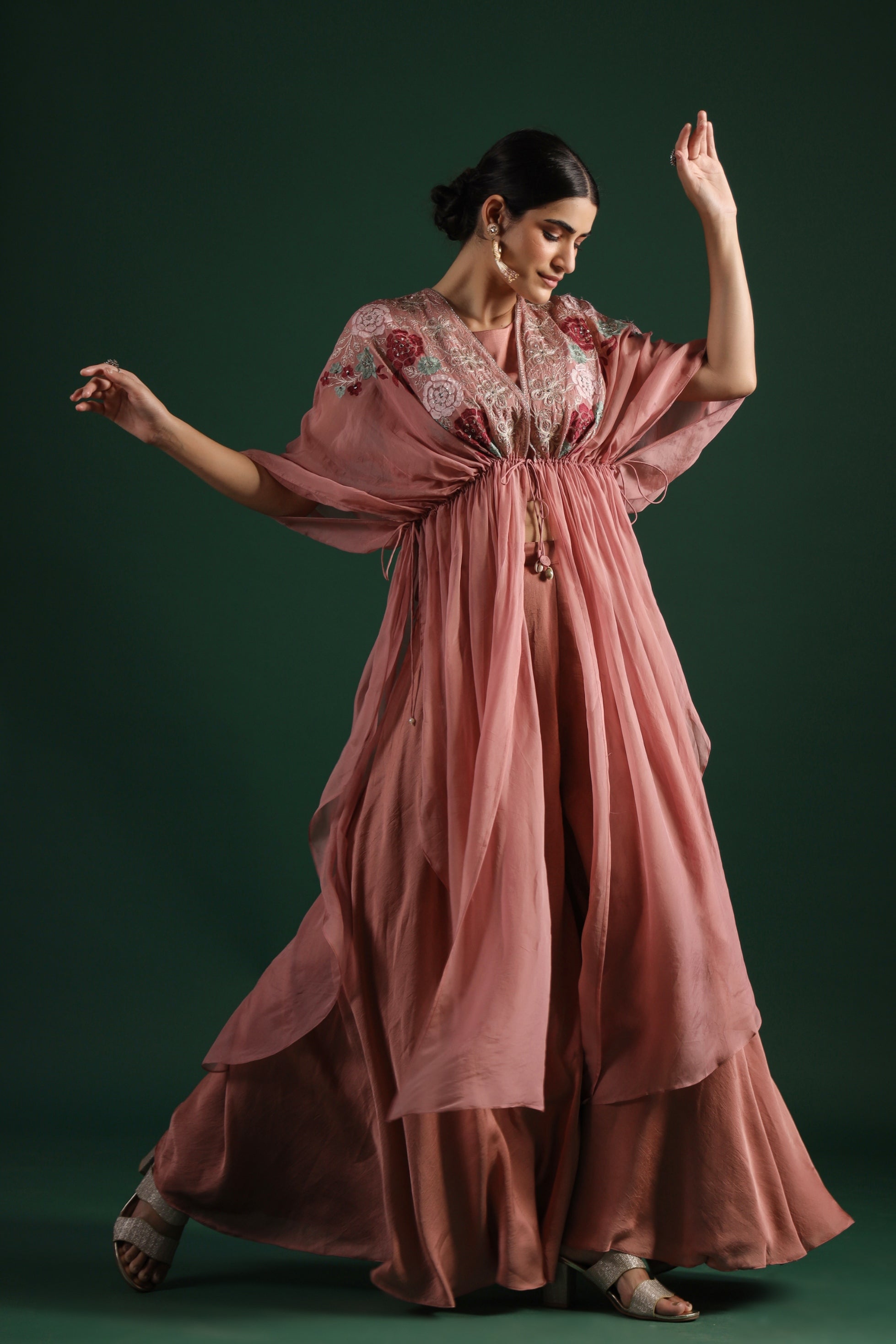 Dusky Pink Embroidered Mulberry Silk Cape Set