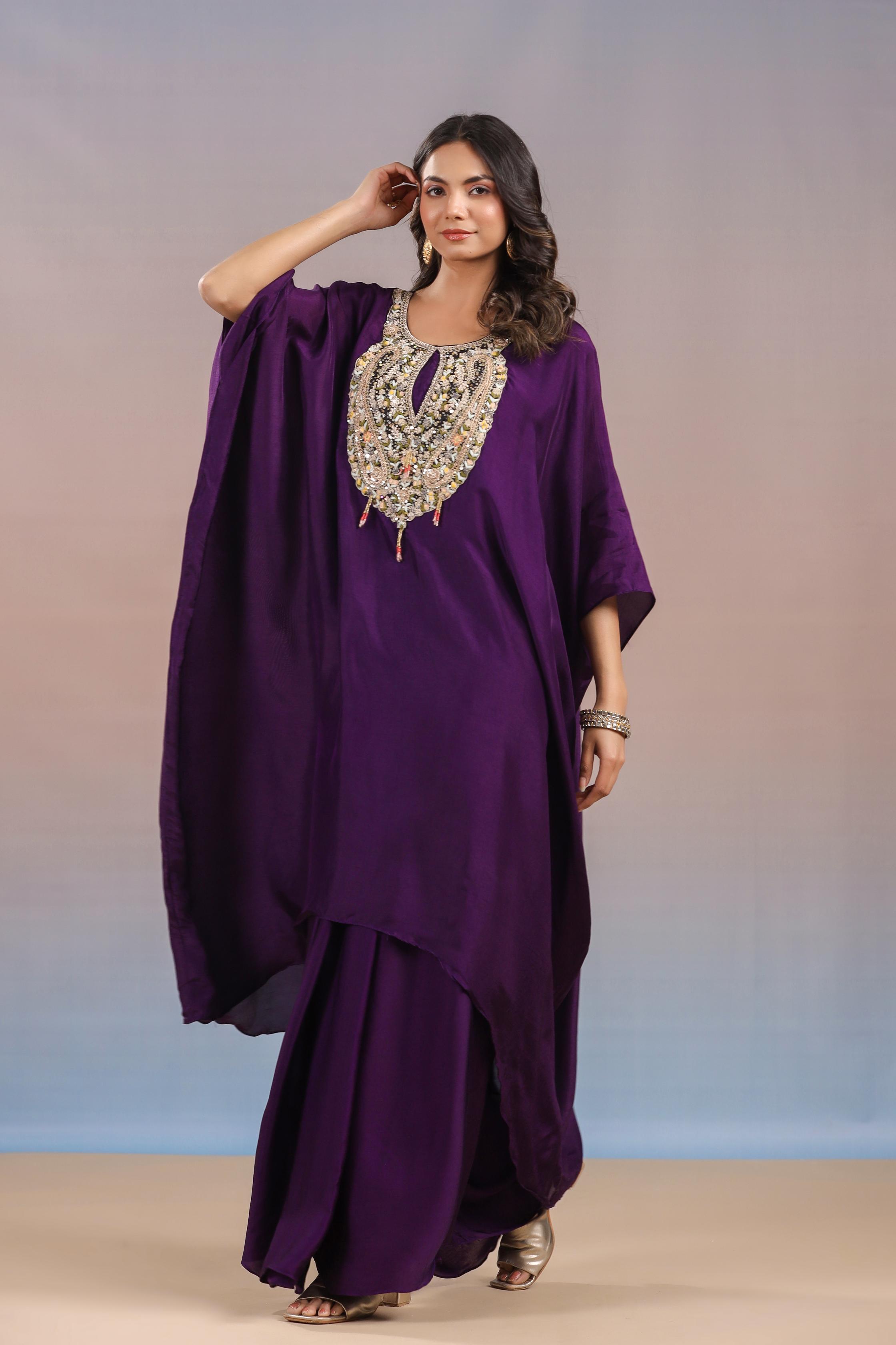 Dark Purple Embroidered Premium Silk Kaftan & Skirt Set