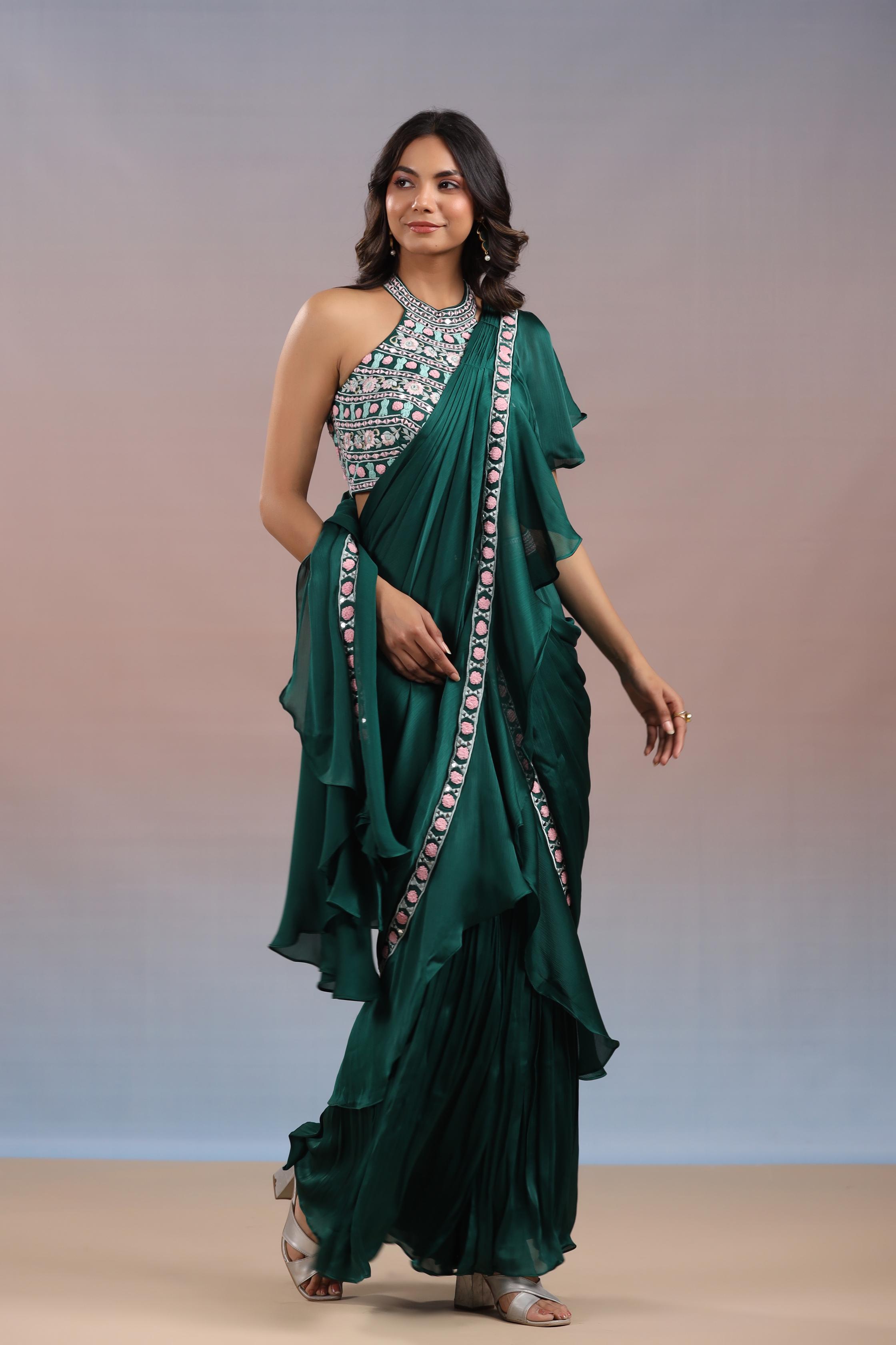 Teal Green Embroidered Premium Chinon Silk Draped Saree