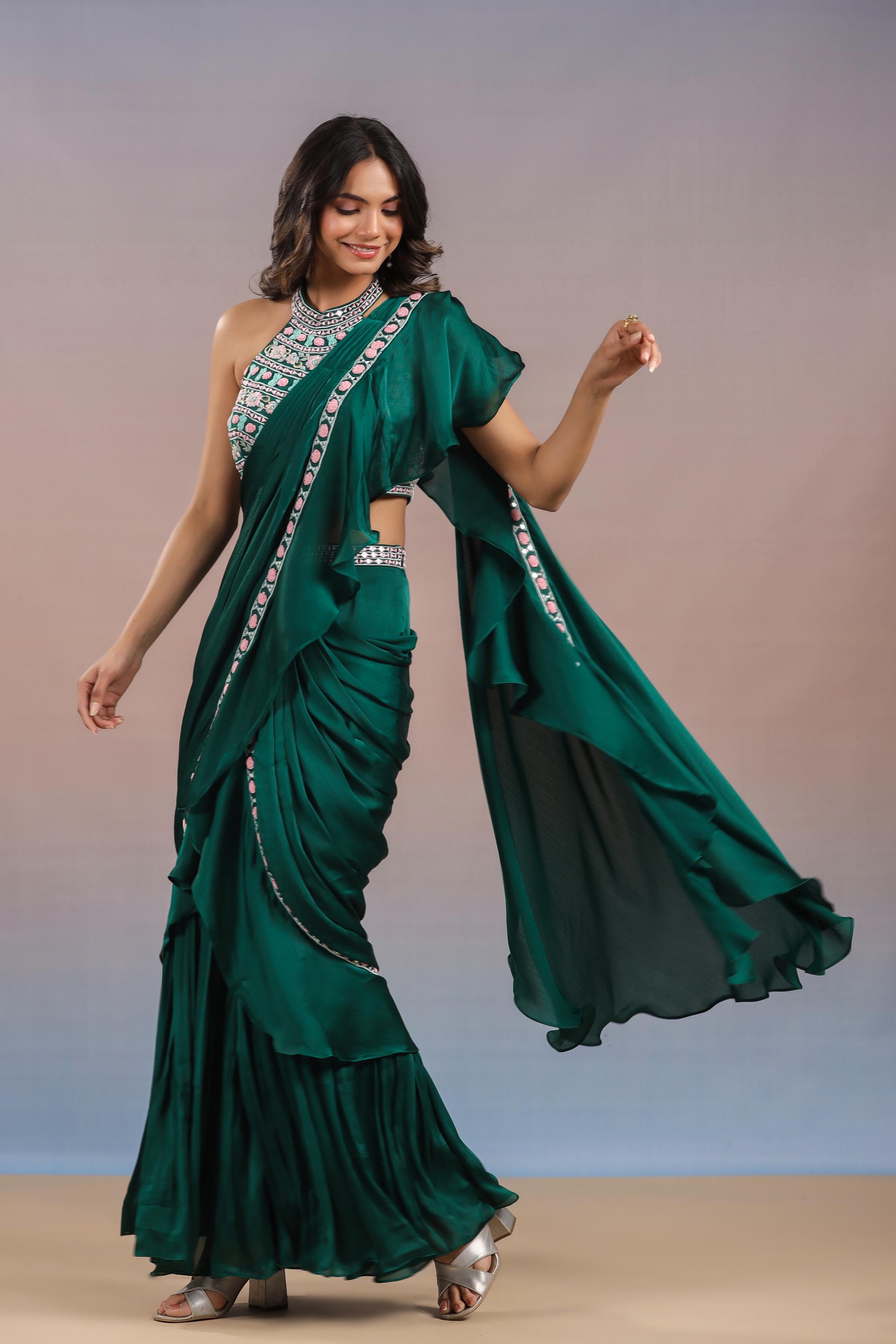 Teal Green Embroidered Premium Chinon Silk Draped Saree