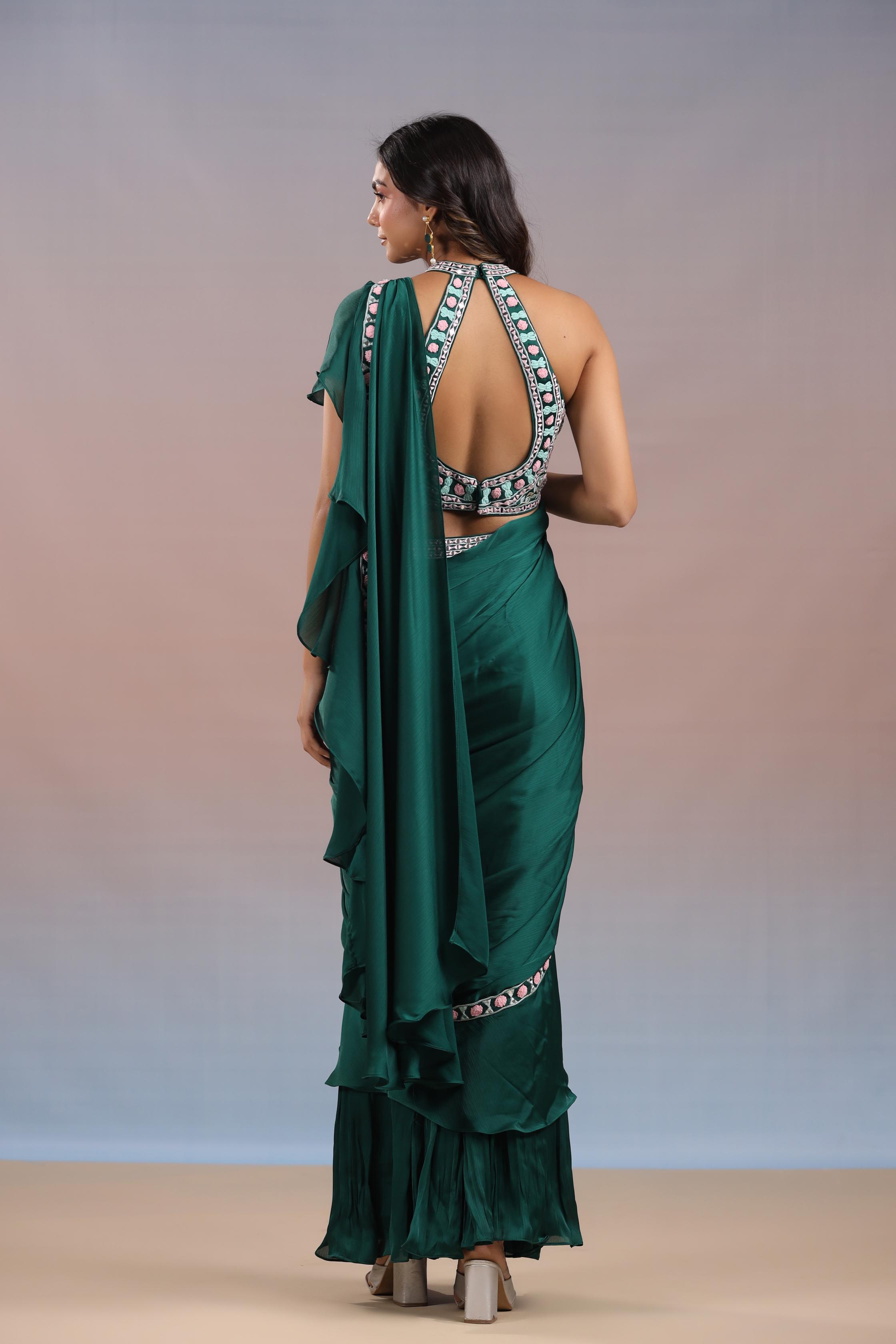 Teal Green Embroidered Premium Chinon Silk Draped Saree
