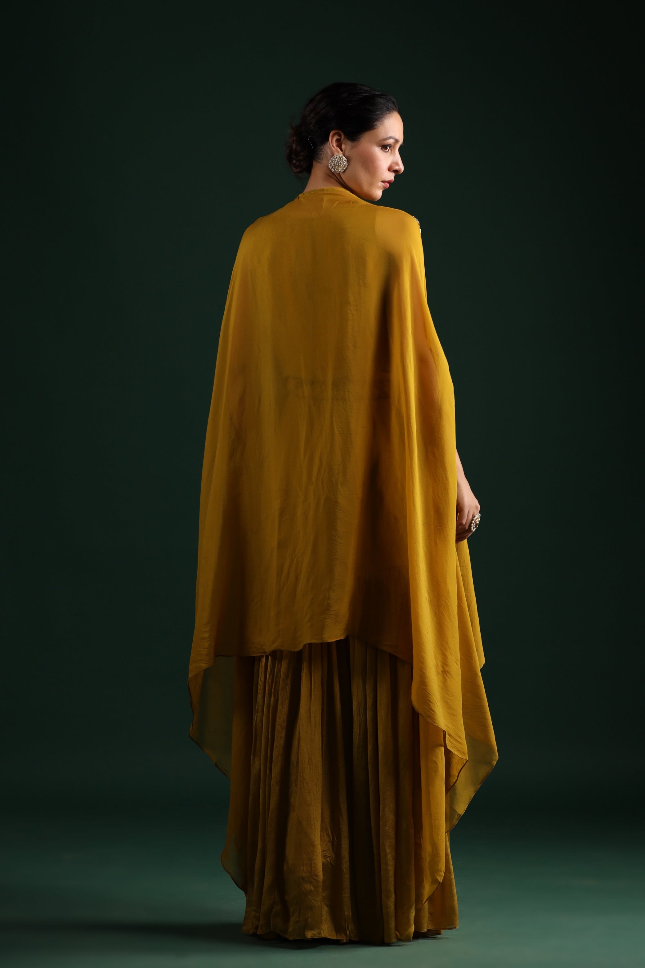 Pear Yellow Embellished Organza Silk Cape Set
