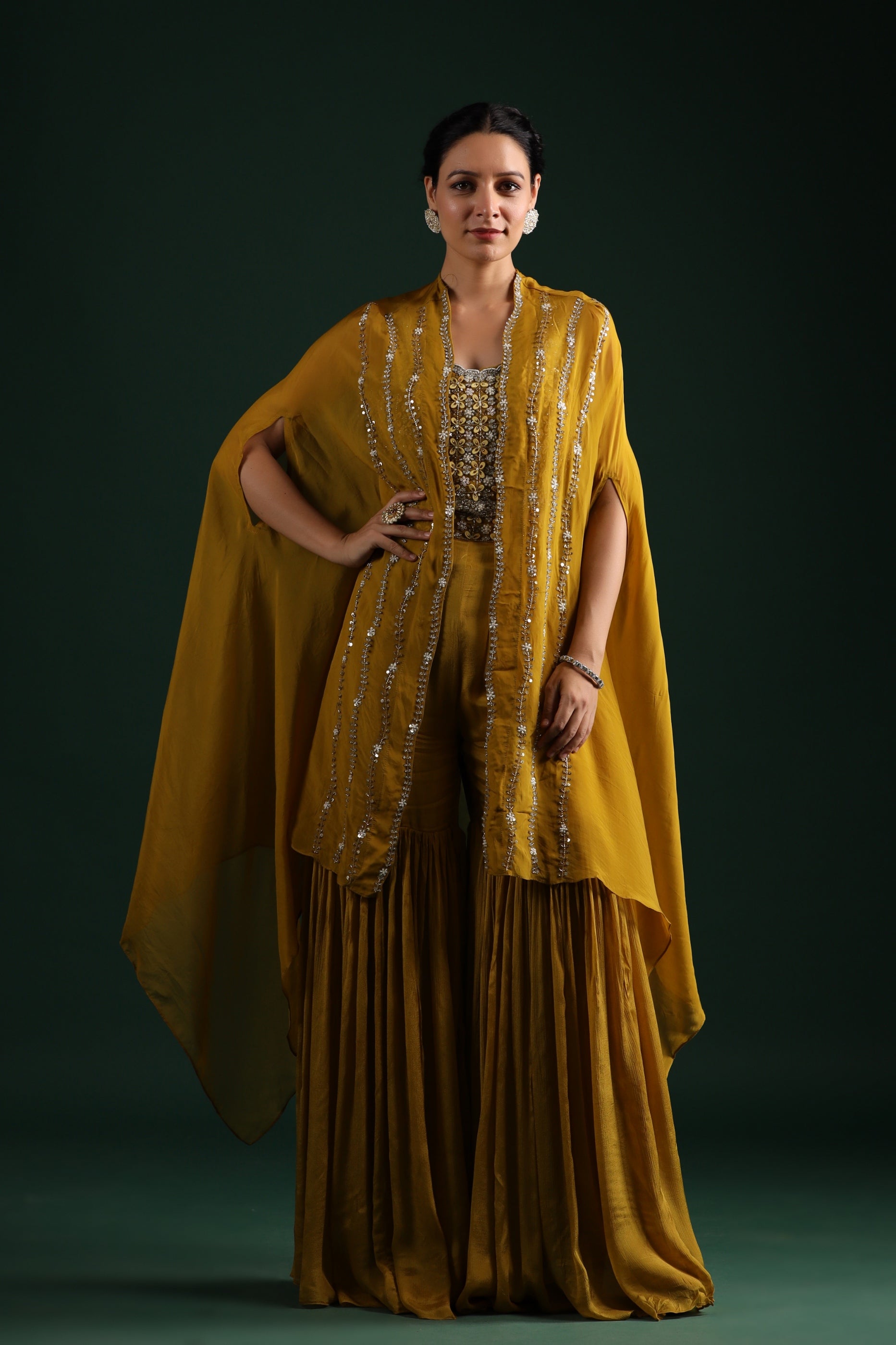 Pear Yellow Embellished Organza Silk Cape Set