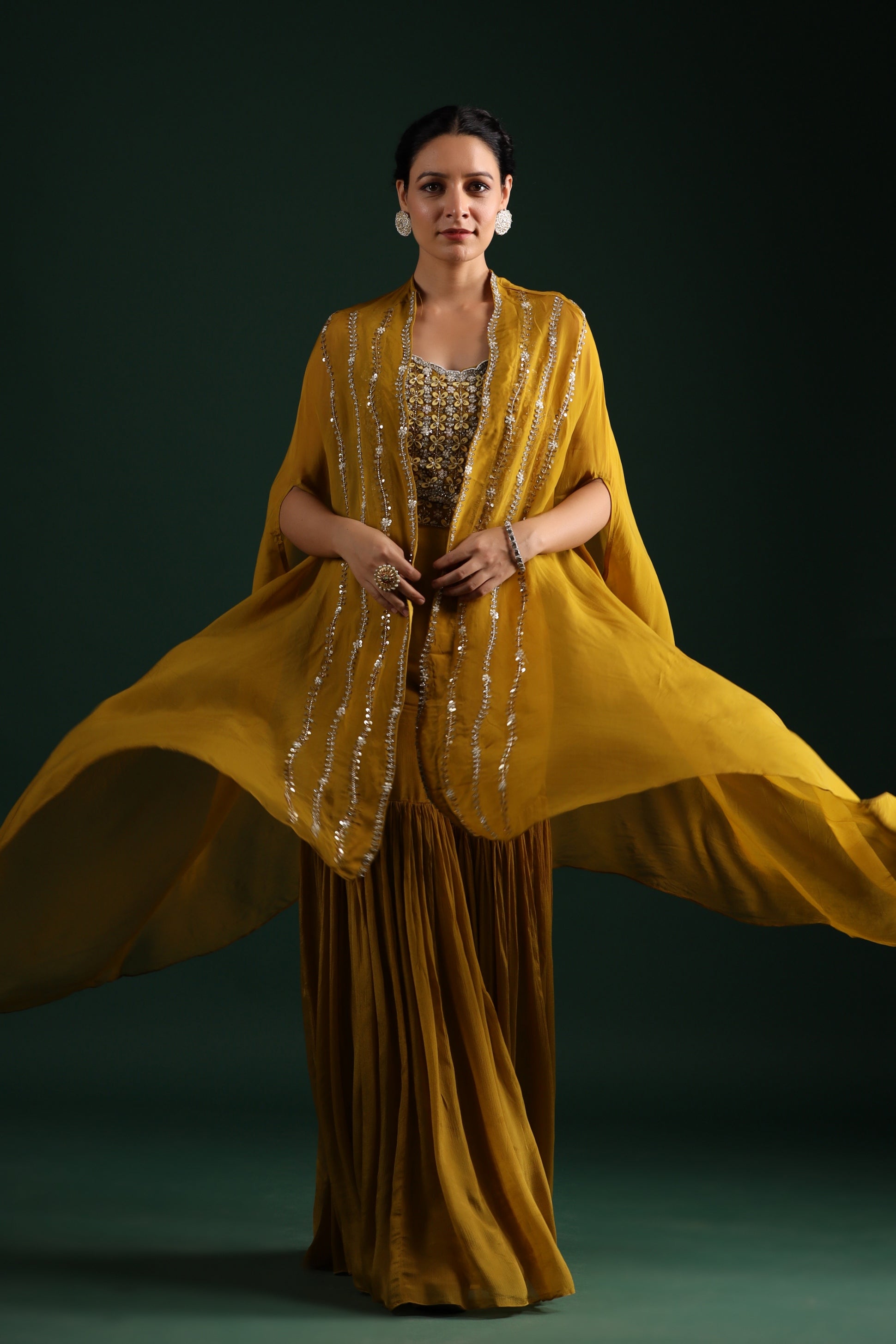 Pear Yellow Embellished Organza Silk Cape Set