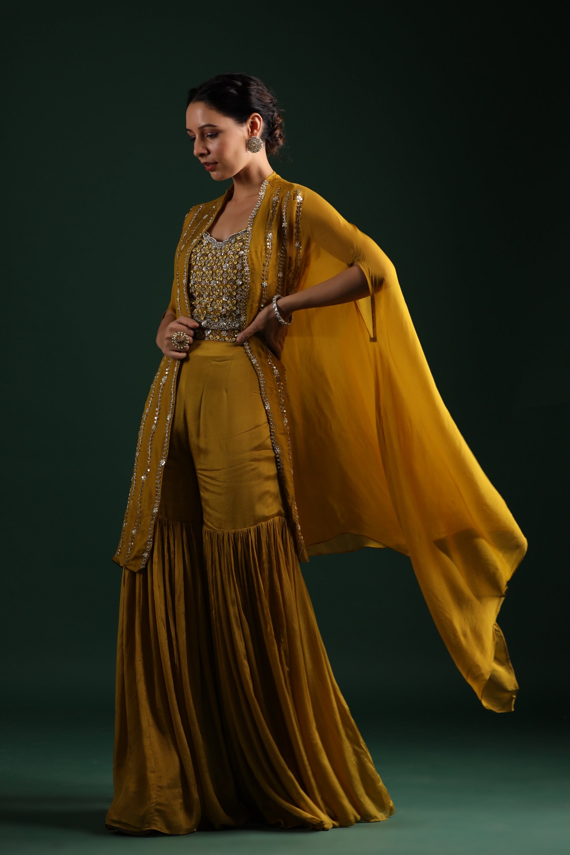 Pear Yellow Embellished Organza Silk Cape Set