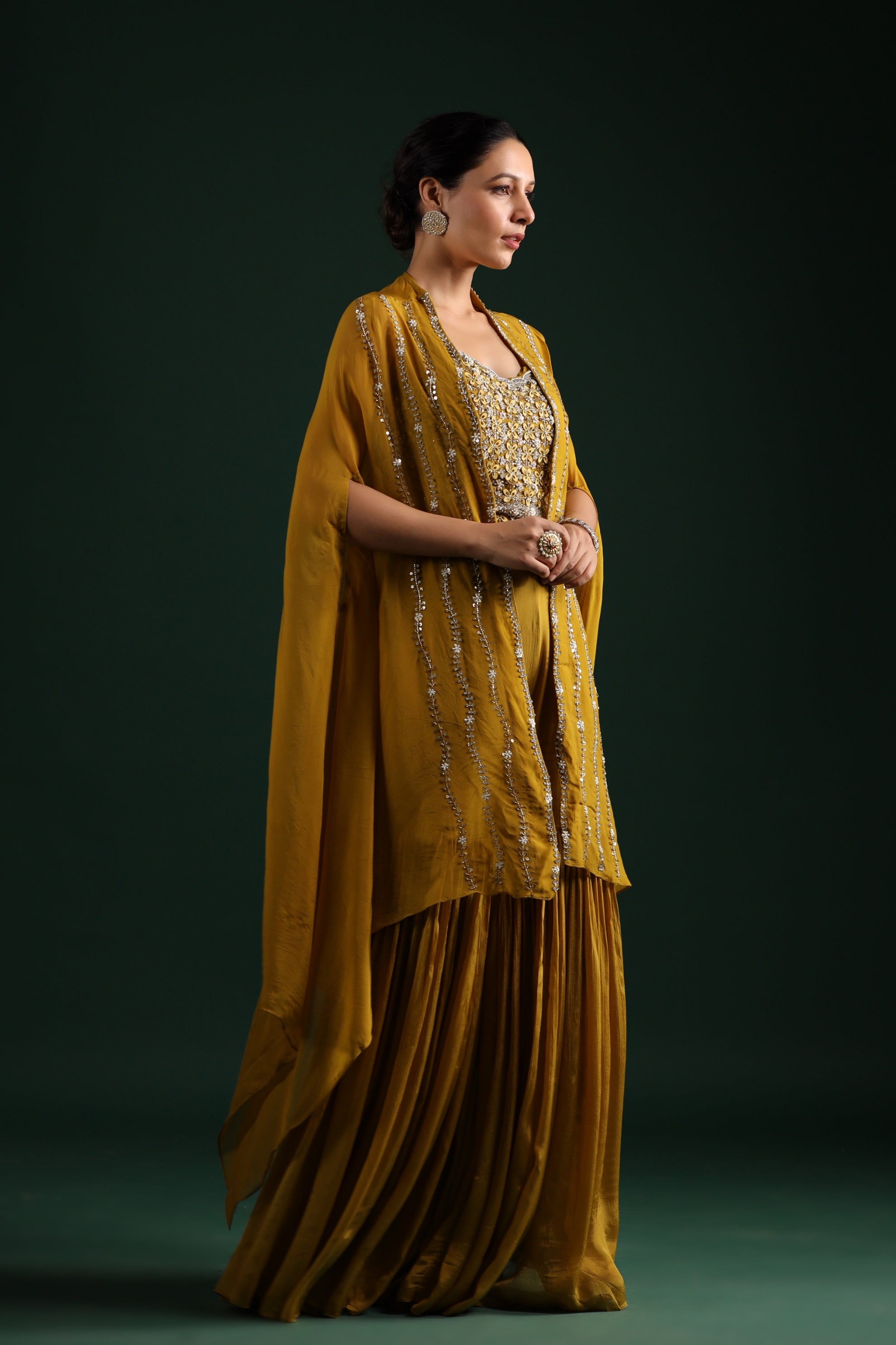 Pear Yellow Embellished Organza Silk Cape Set