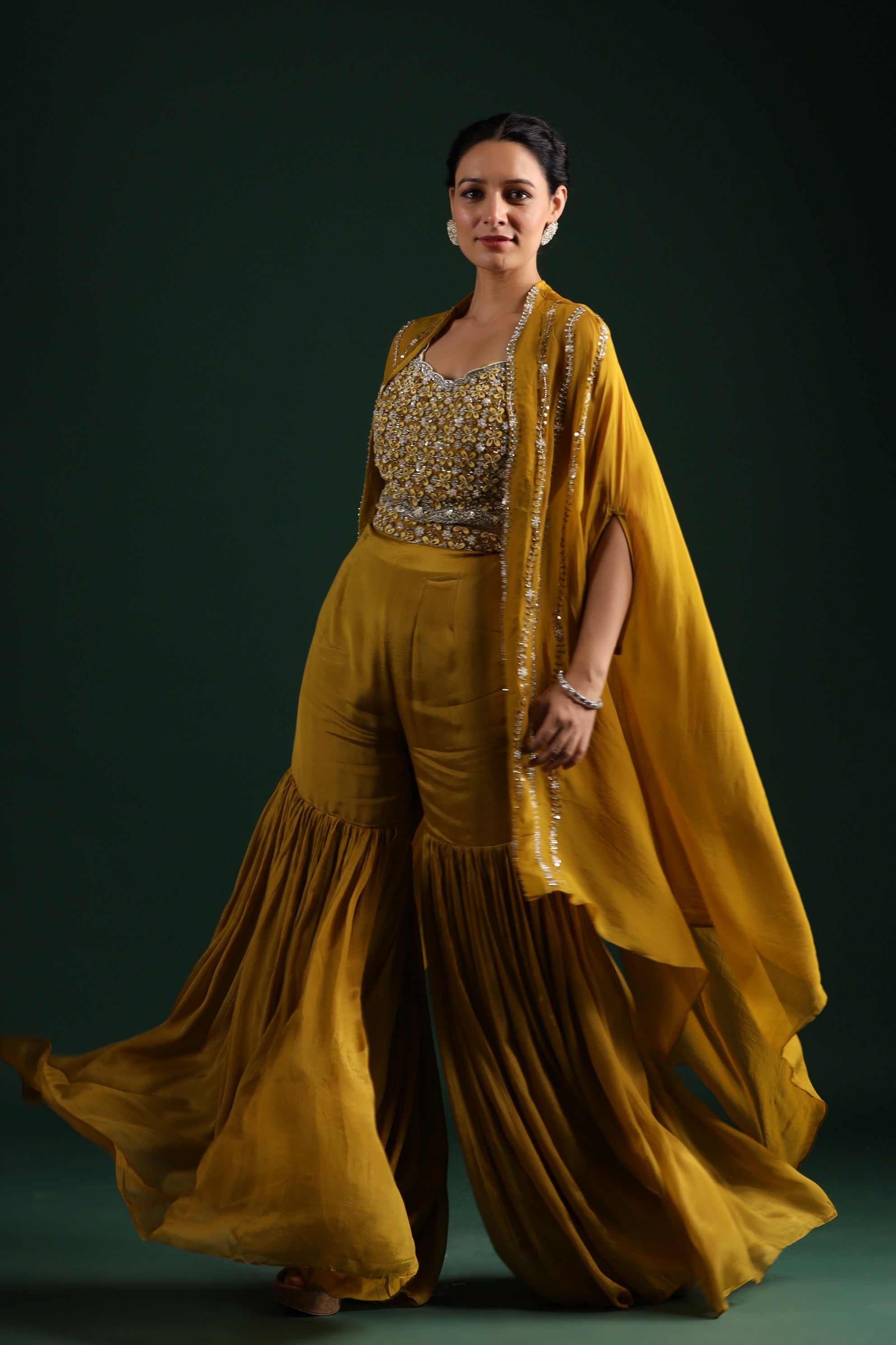 Pear Yellow Embellished Organza Silk Cape Set