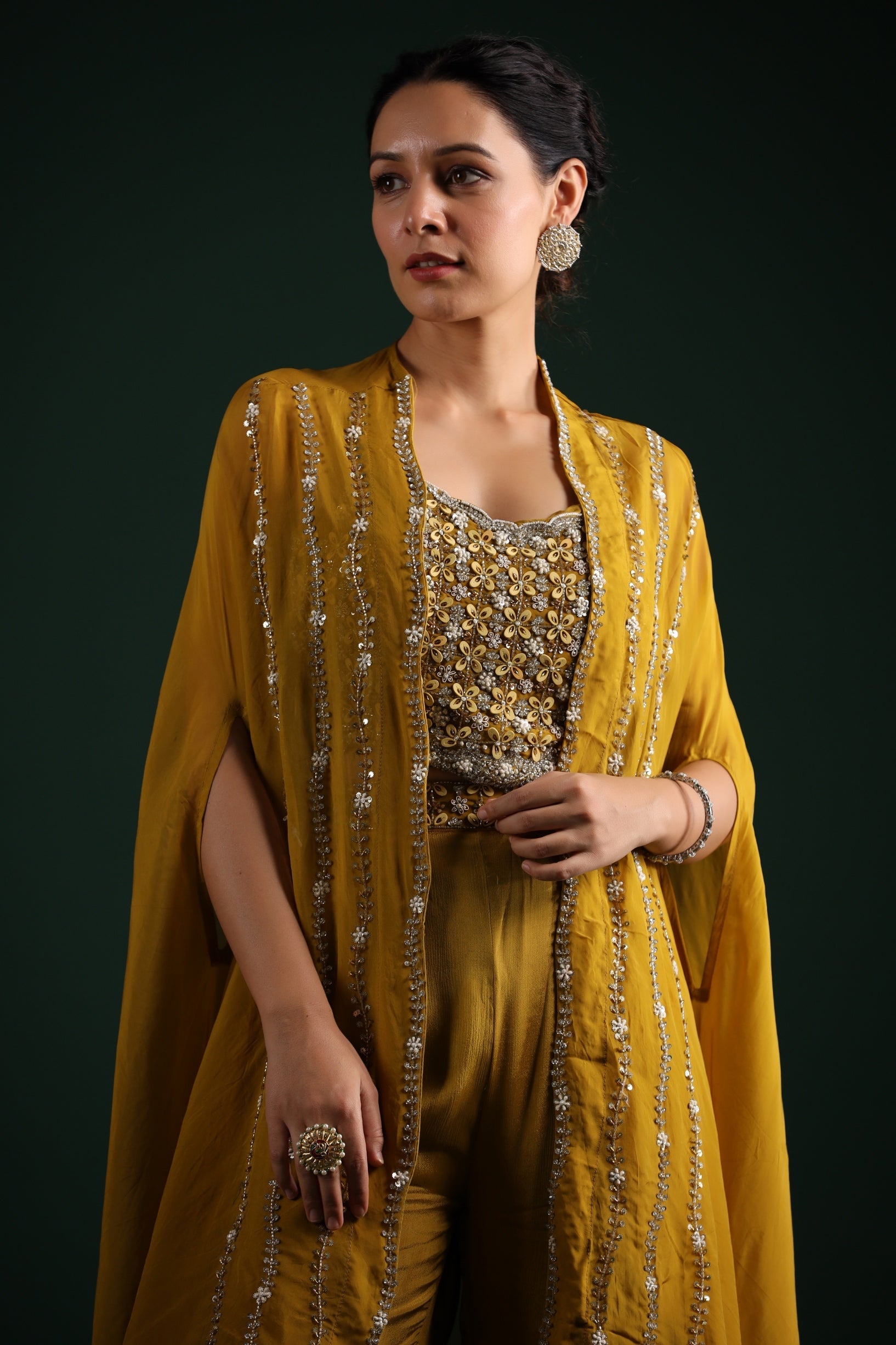 Pear Yellow Embellished Organza Silk Cape Set