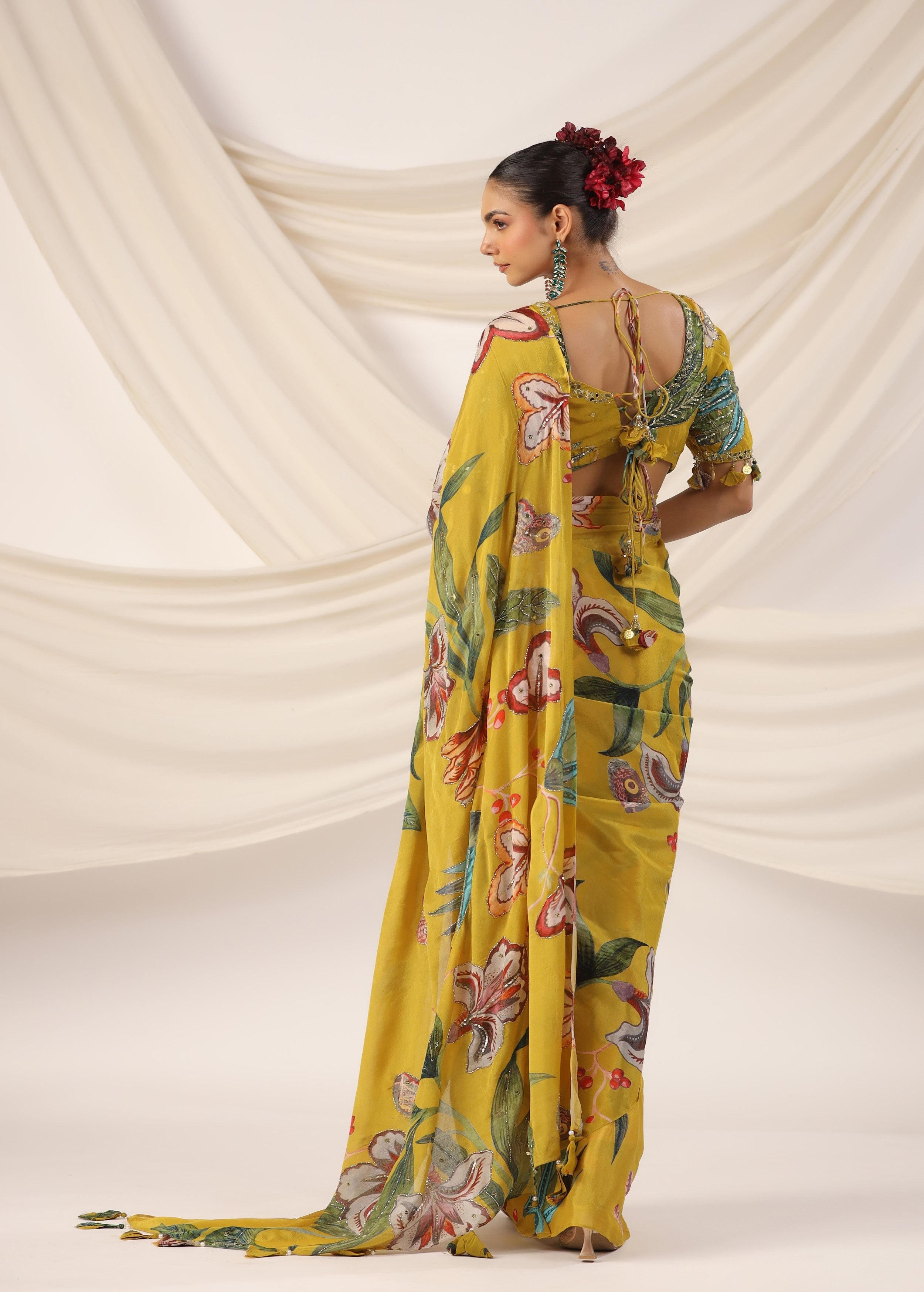 Corn Yellow Embellished Chinon Silk Saree