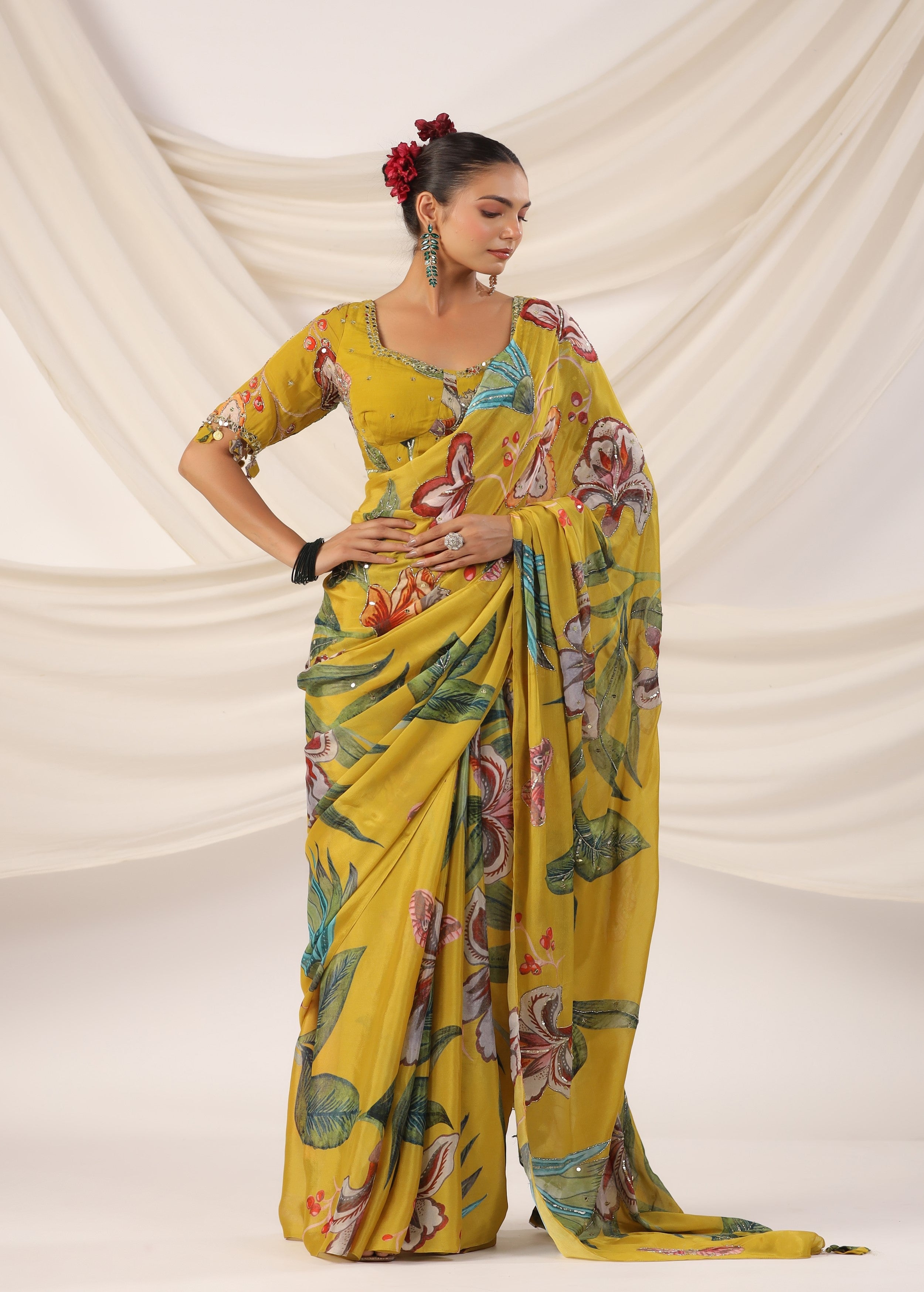 Corn Yellow Embellished Chinon Silk Saree