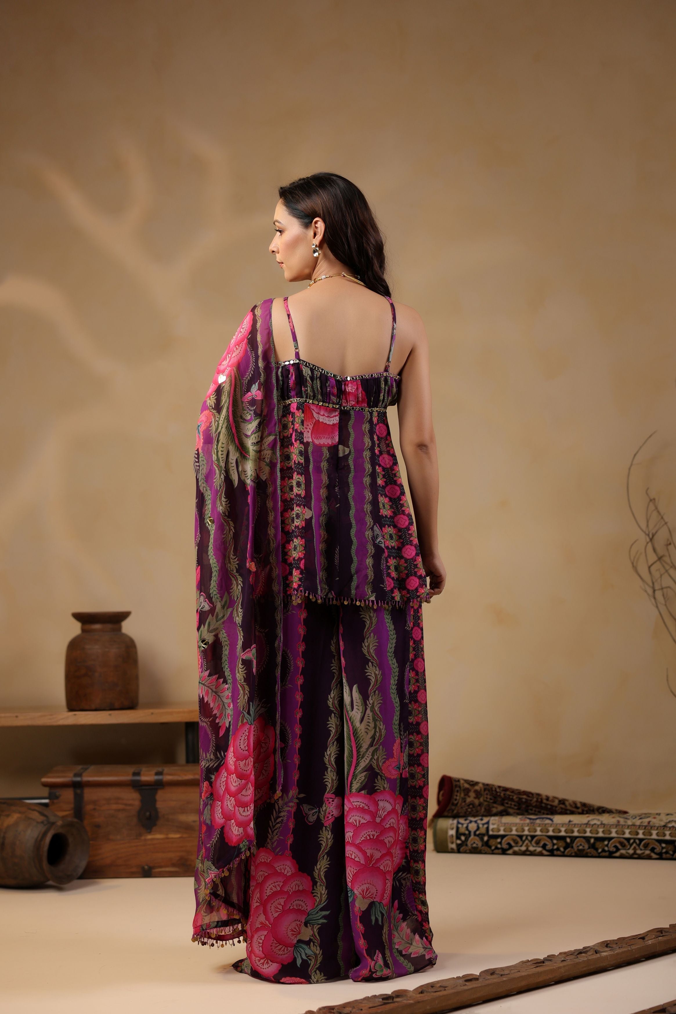 Grape Purple Printed Georgette Silk Peplum Sharara Set