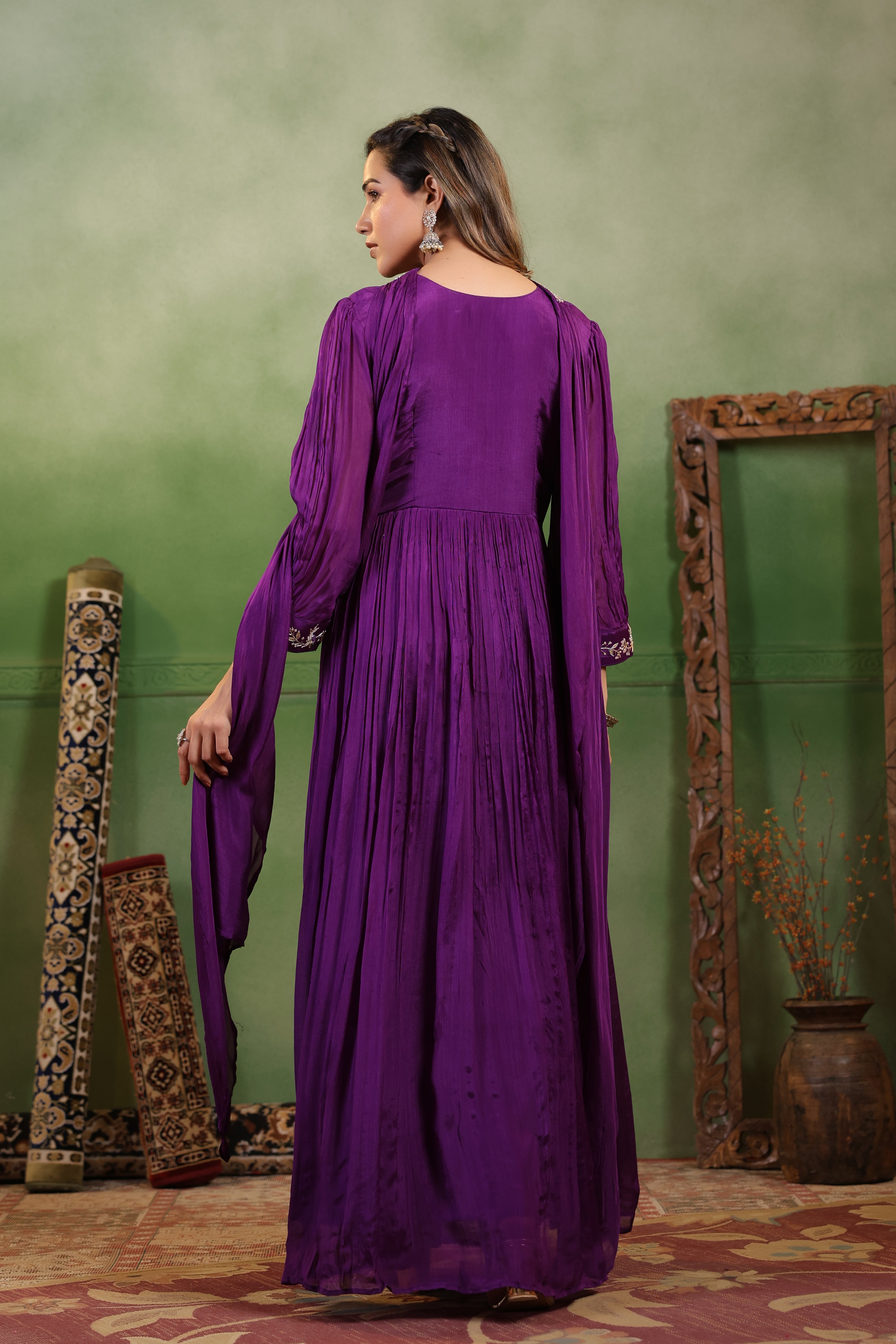 Regal Violet Embellished Chinon Silk Gown Set