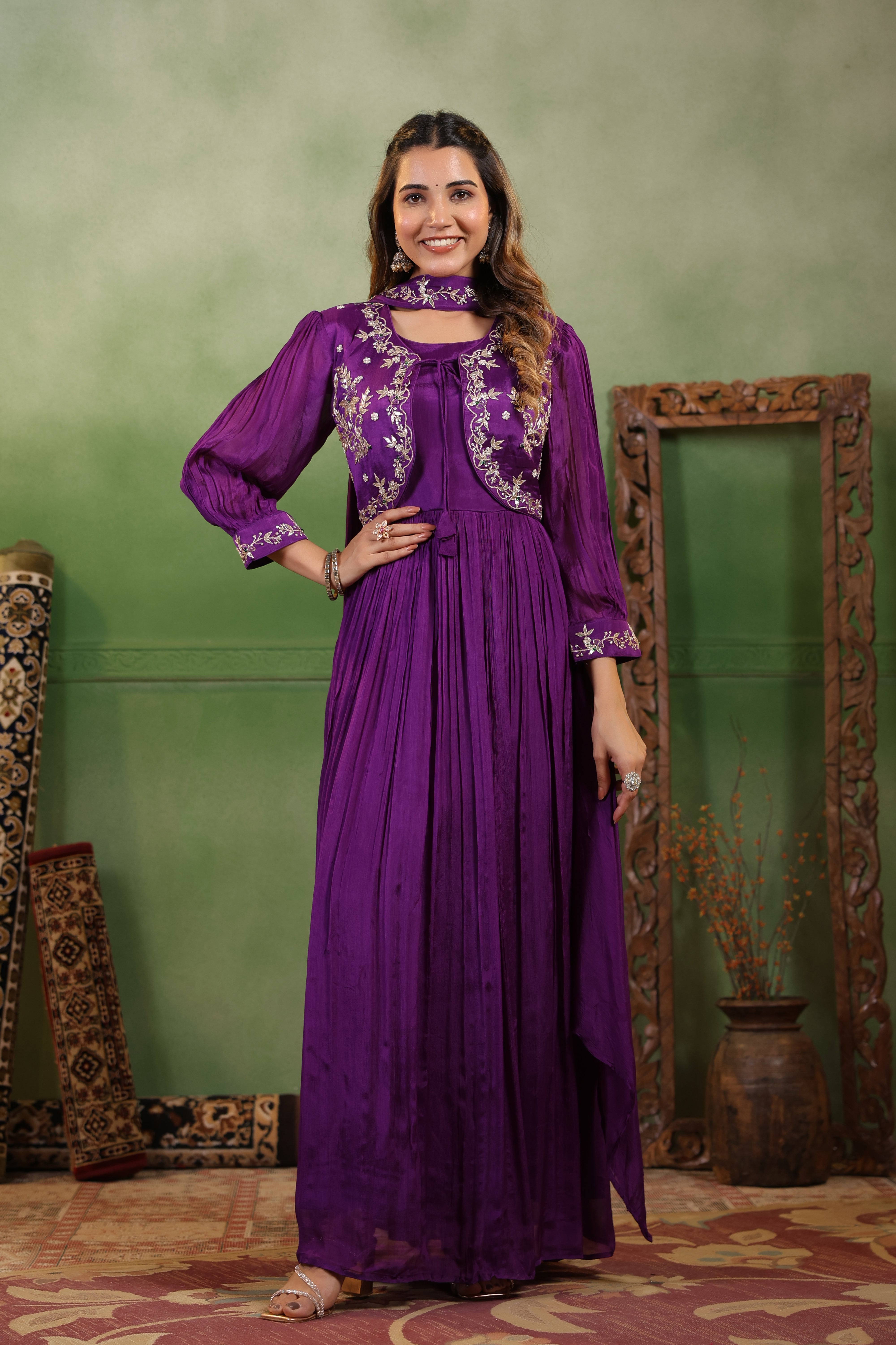 Regal Violet Embellished Chinon Silk Gown Set