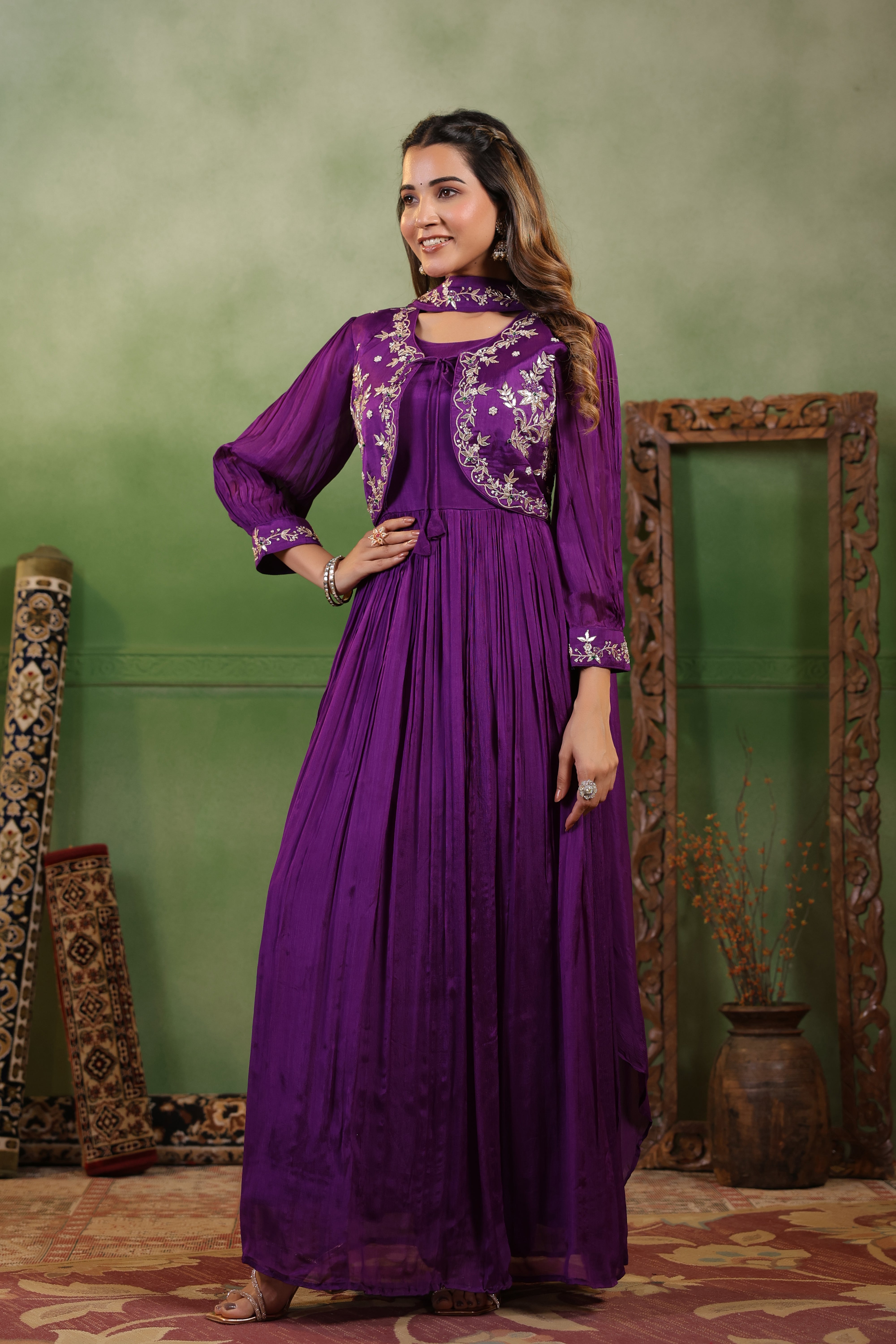 Regal Violet Embellished Chinon Silk Gown Set