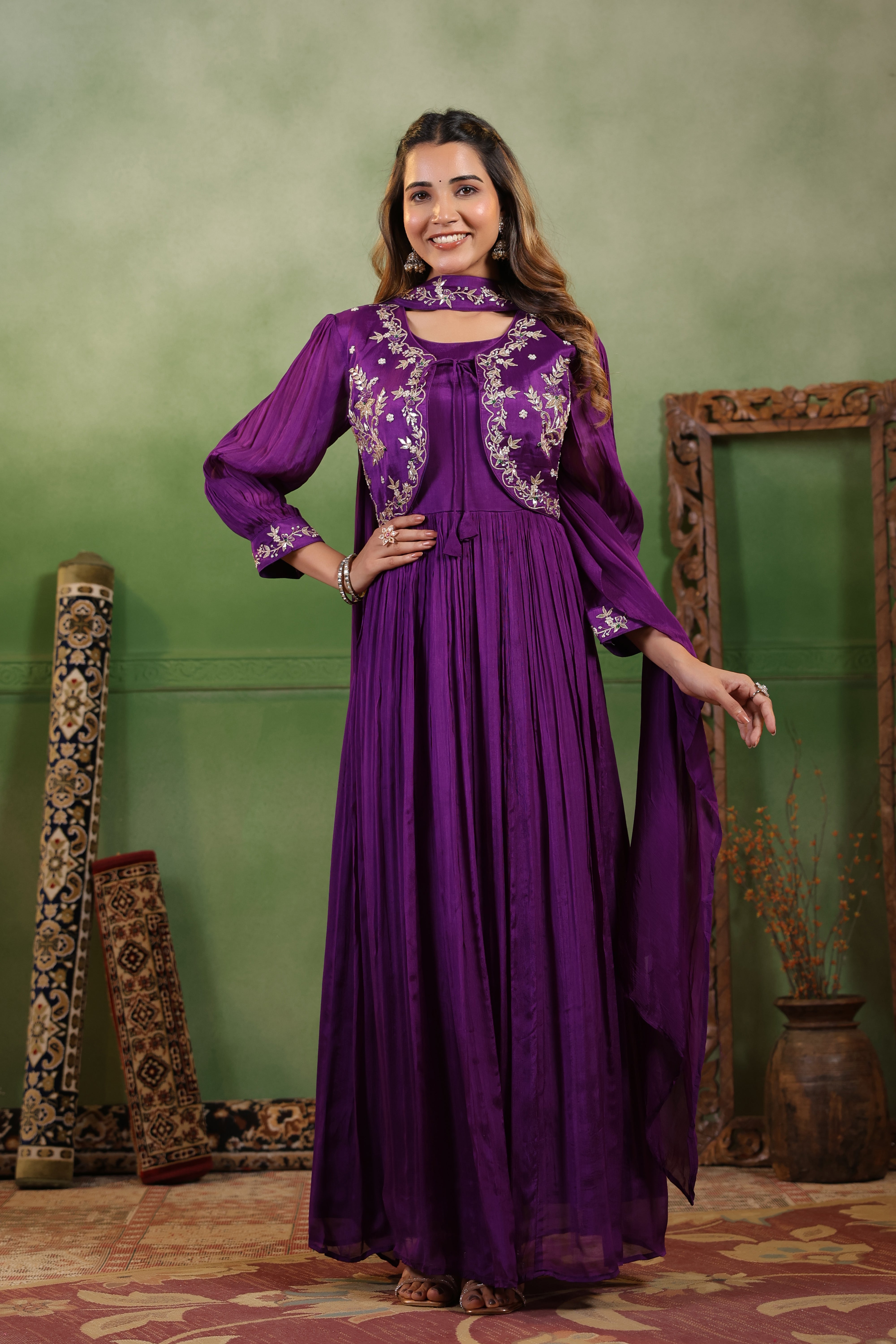 Regal Violet Embellished Chinon Silk Gown Set