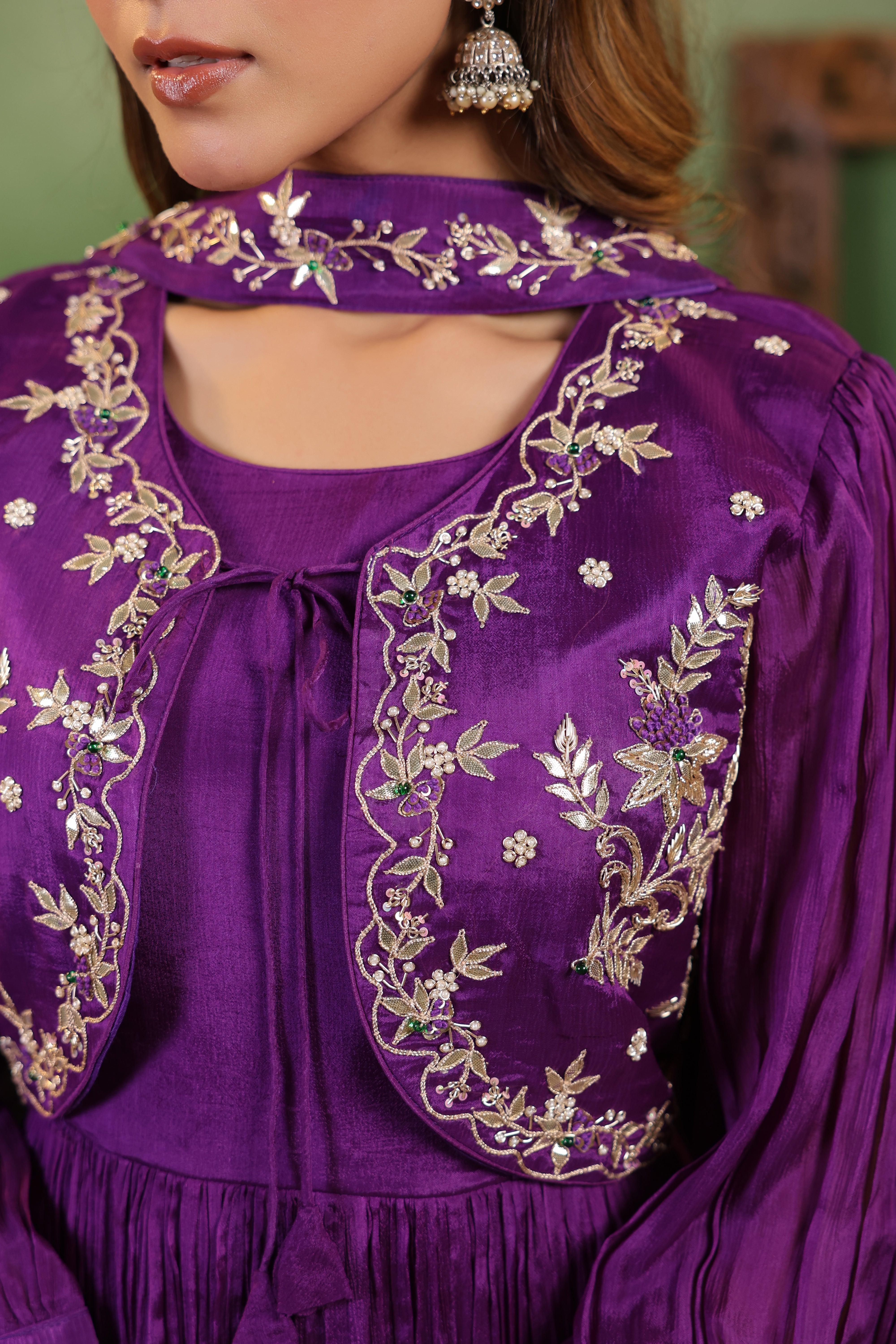 Regal Violet Embellished Chinon Silk Gown Set