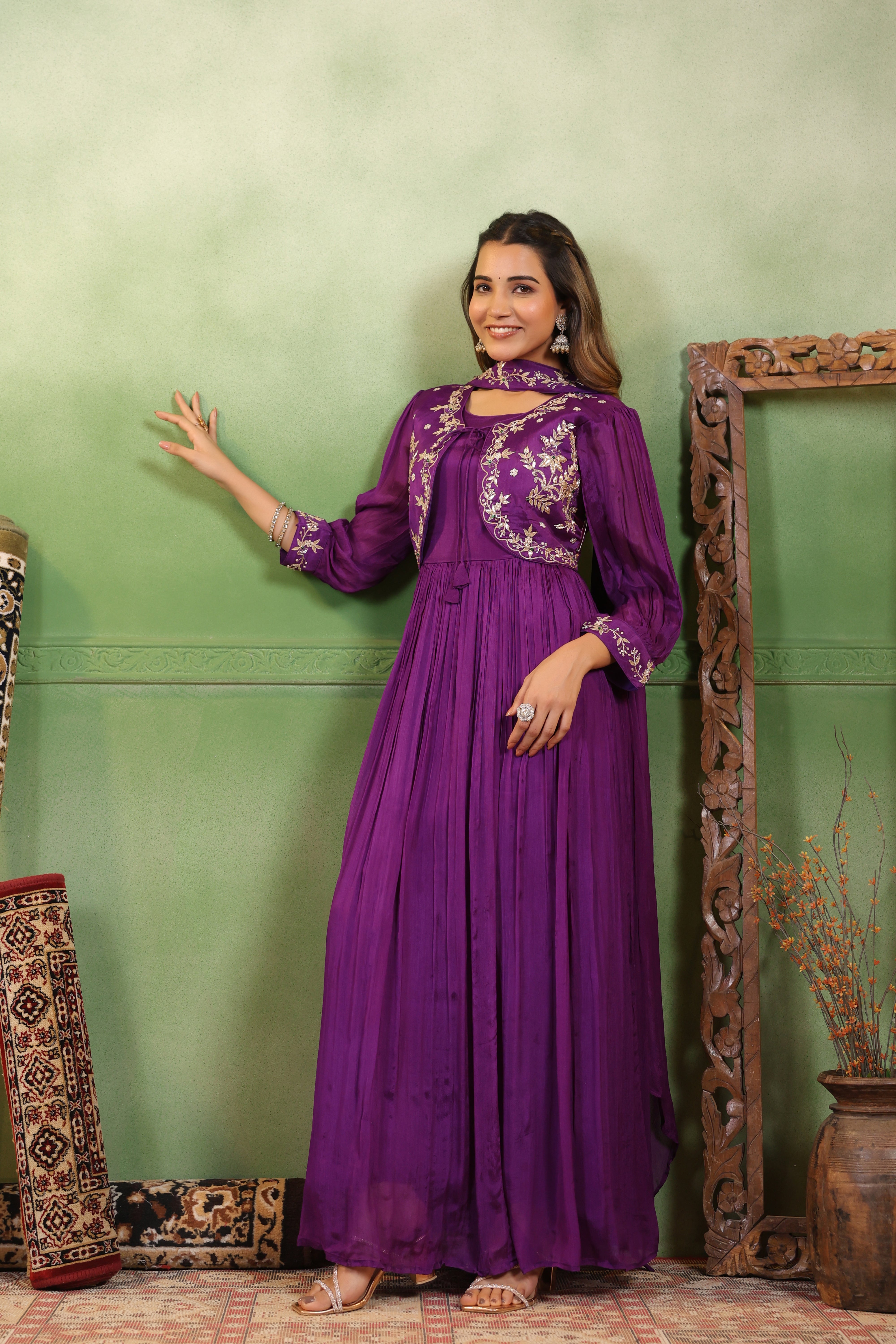 Regal Violet Embellished Chinon Silk Gown Set