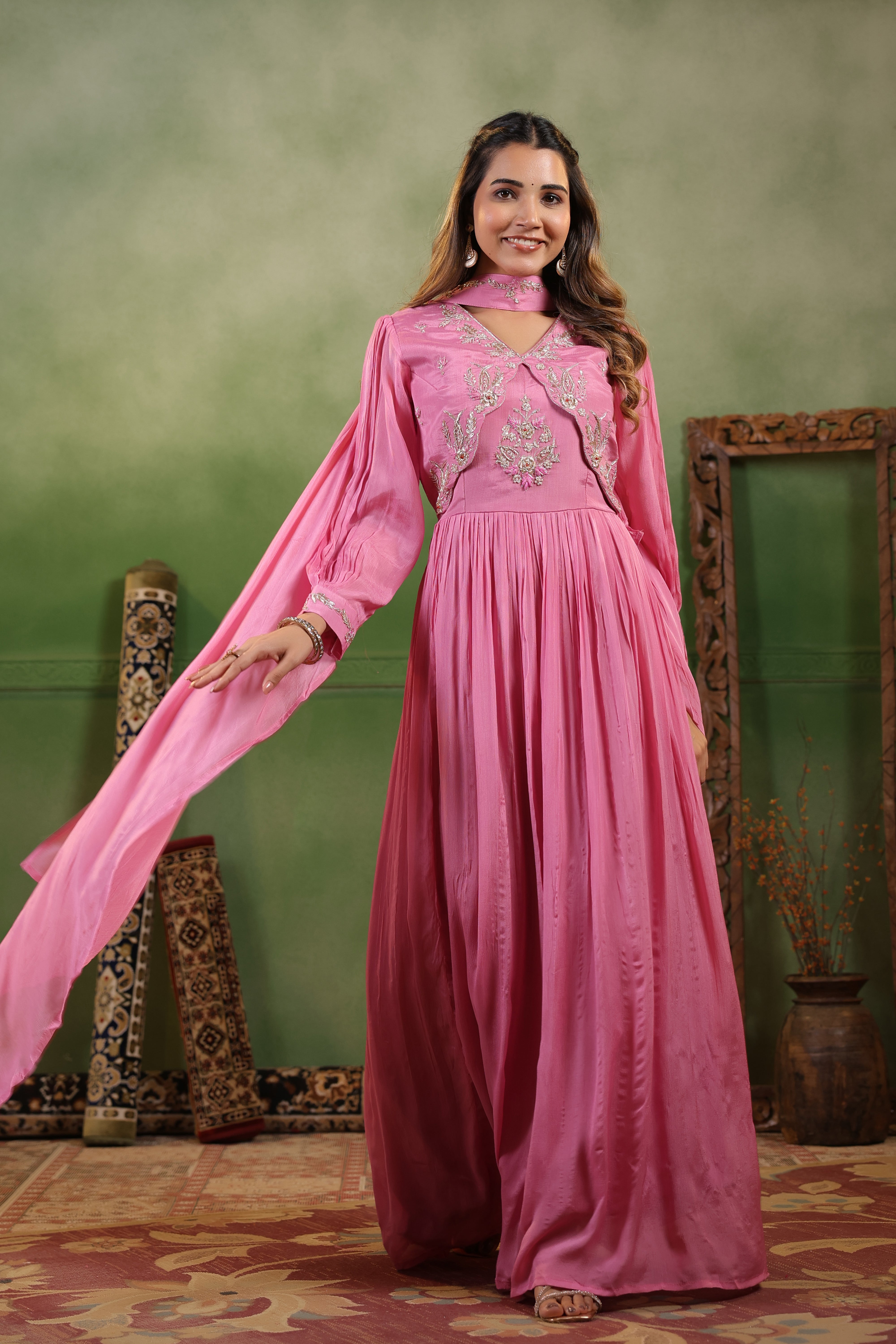 Petal Pink Embellished Chinon Silk Gown Set